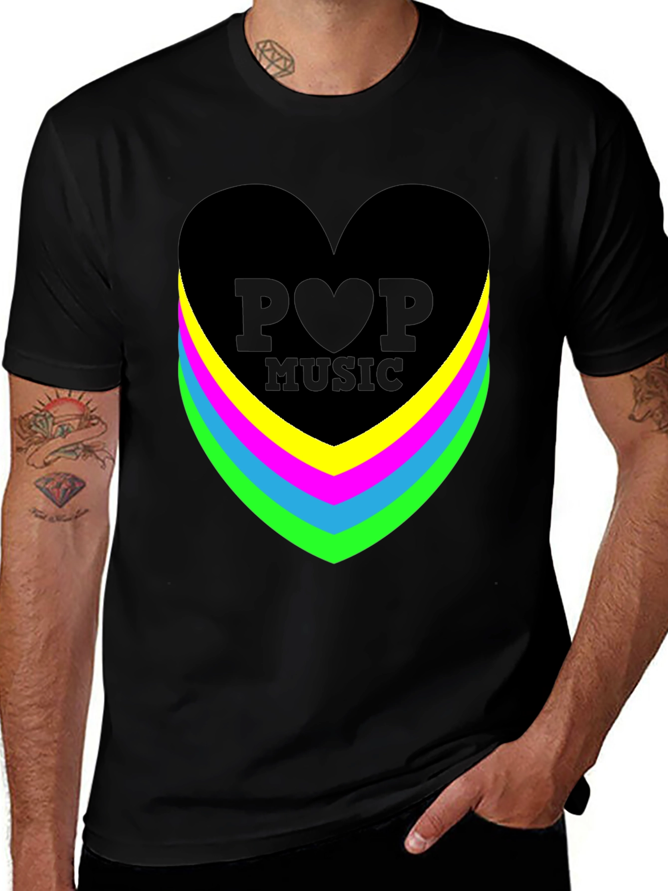 Pop Music Heart Graphic Black T-Shirt
