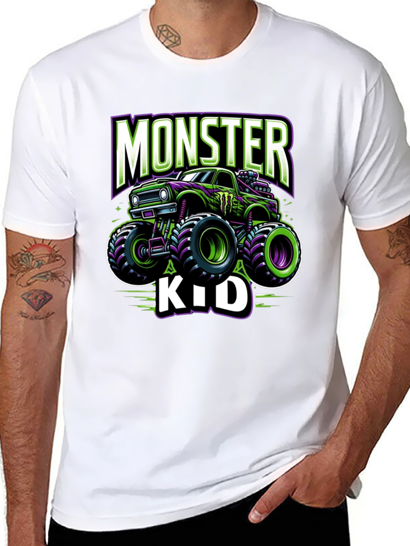 Monster Truck Kids T-Shirt - Green and Purple Design