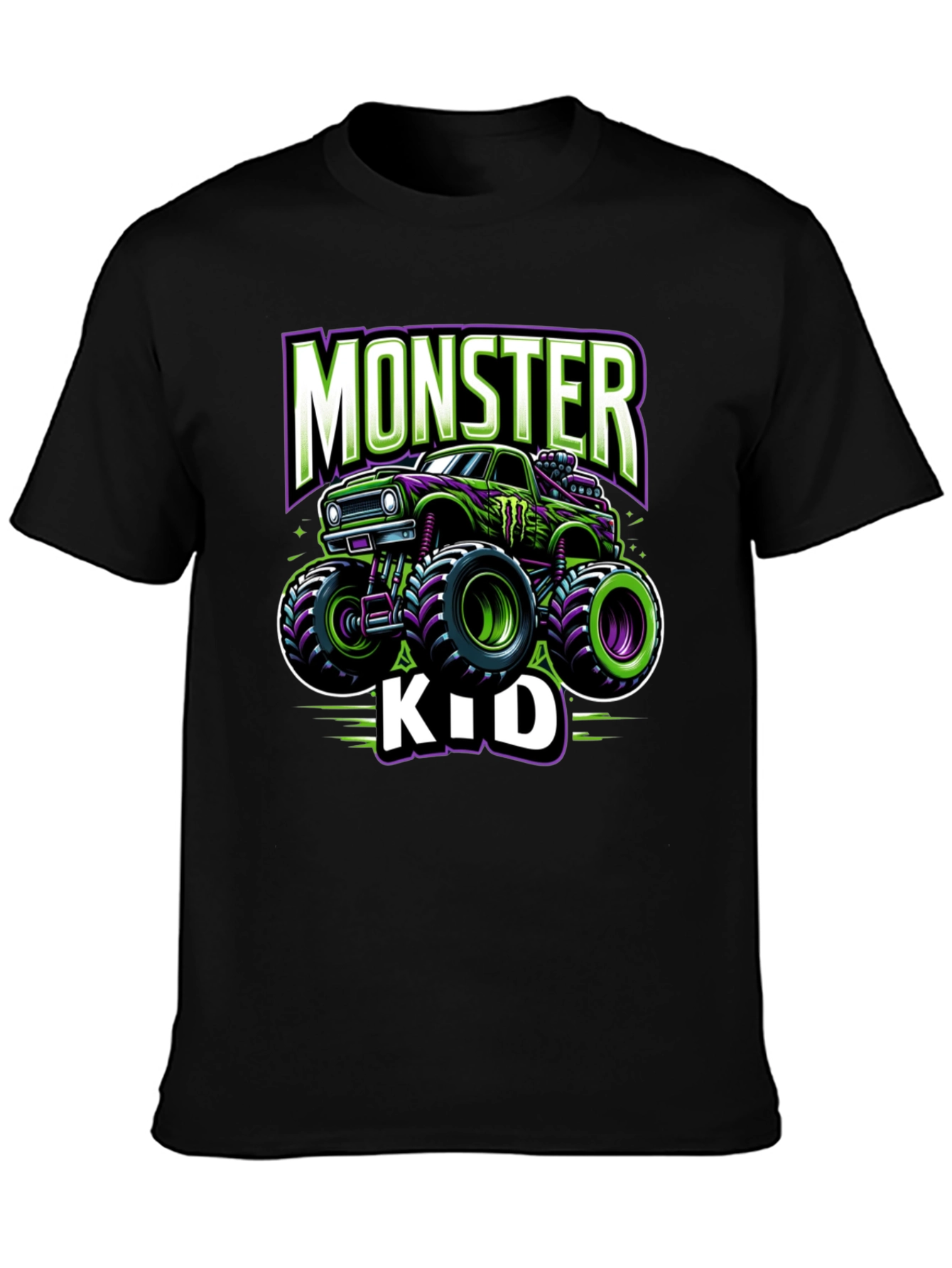 Monster Truck Kids T-Shirt - Green and Purple Design