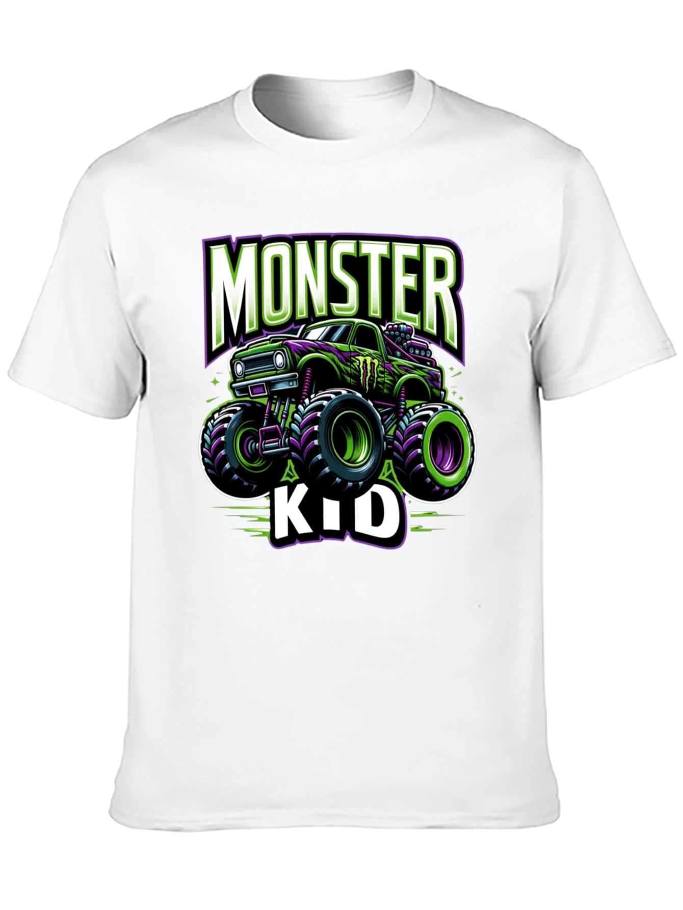 Monster Truck Kids T-Shirt - Green and Purple Design