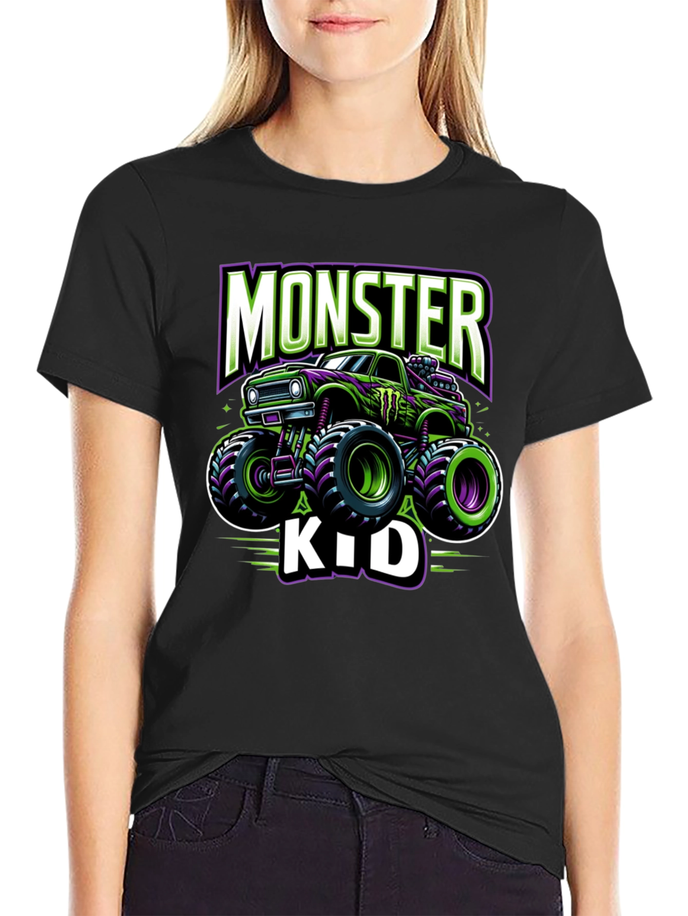 Monster Truck Kids T-Shirt - Green and Purple Design