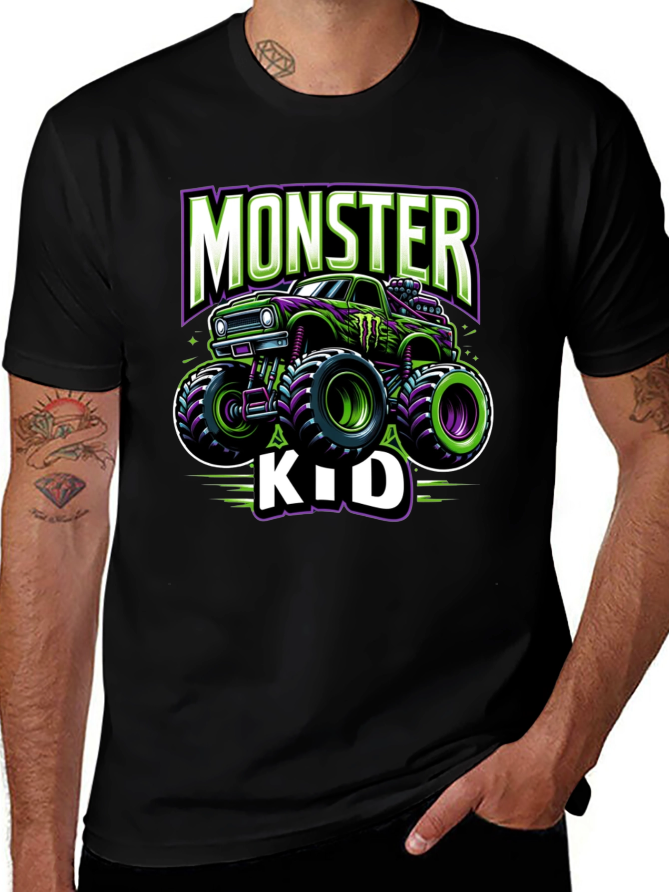 Monster Truck Kids T-Shirt - Green and Purple Design