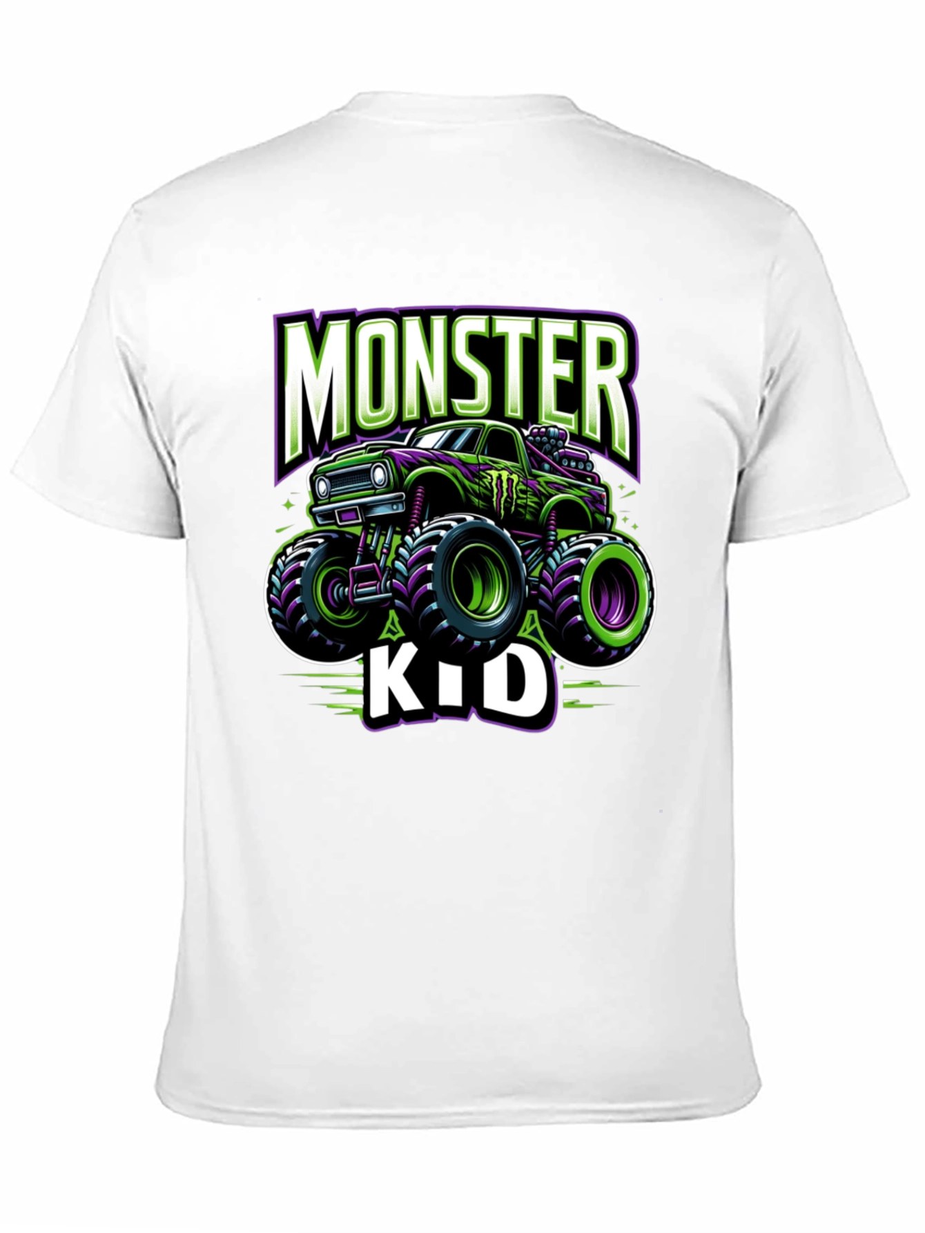 Monster Truck Kids T-Shirt - Green and Purple Design