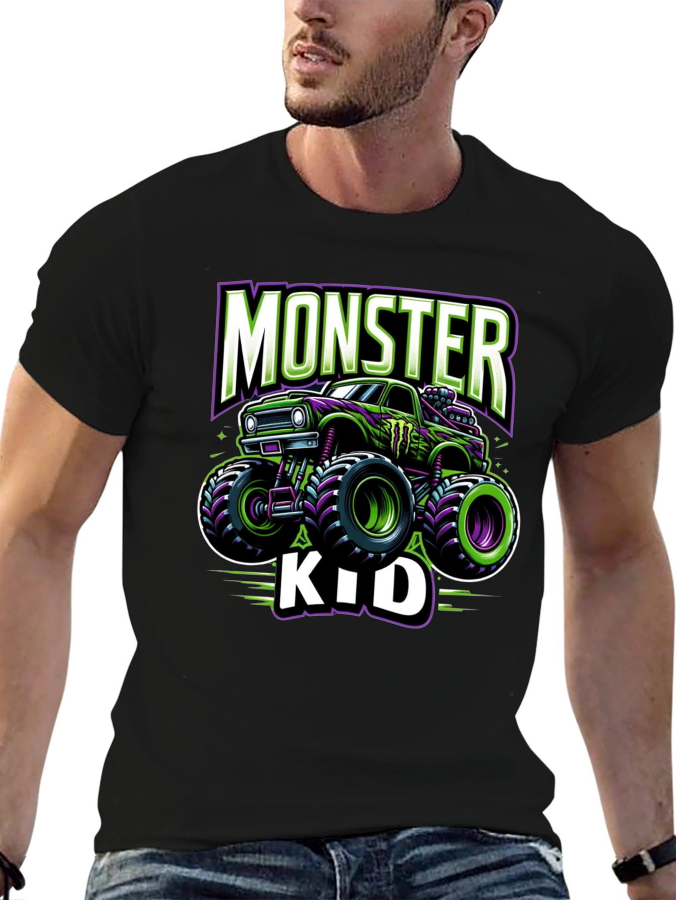 Monster Truck Kids T-Shirt - Green and Purple Design