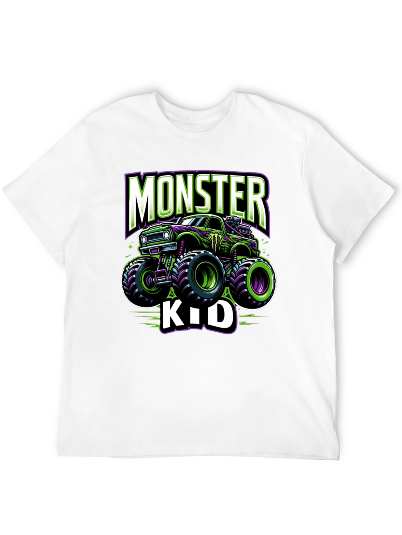Monster Truck Kids T-Shirt - Green and Purple Design