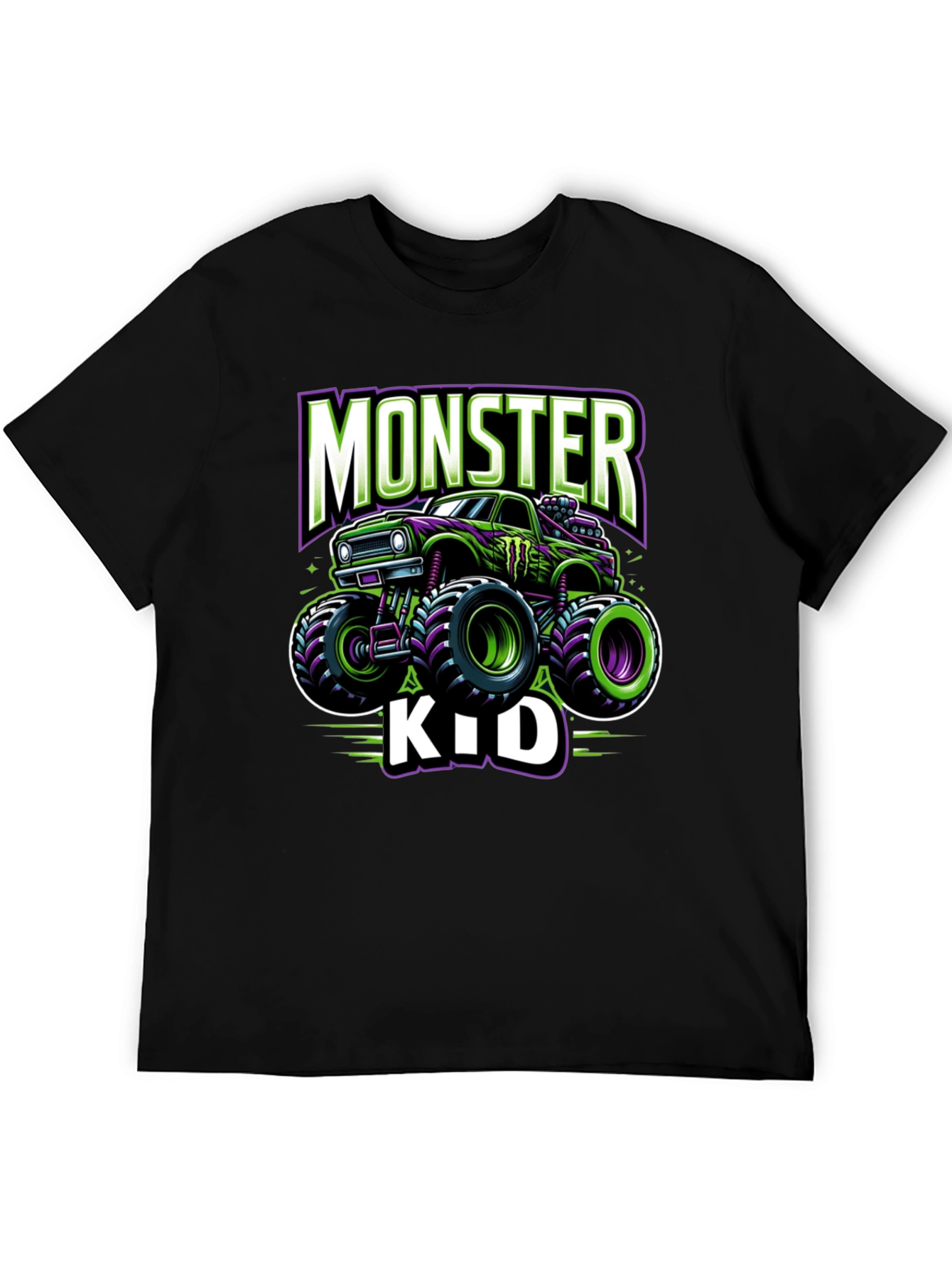 Monster Truck Kids T-Shirt - Green and Purple Design