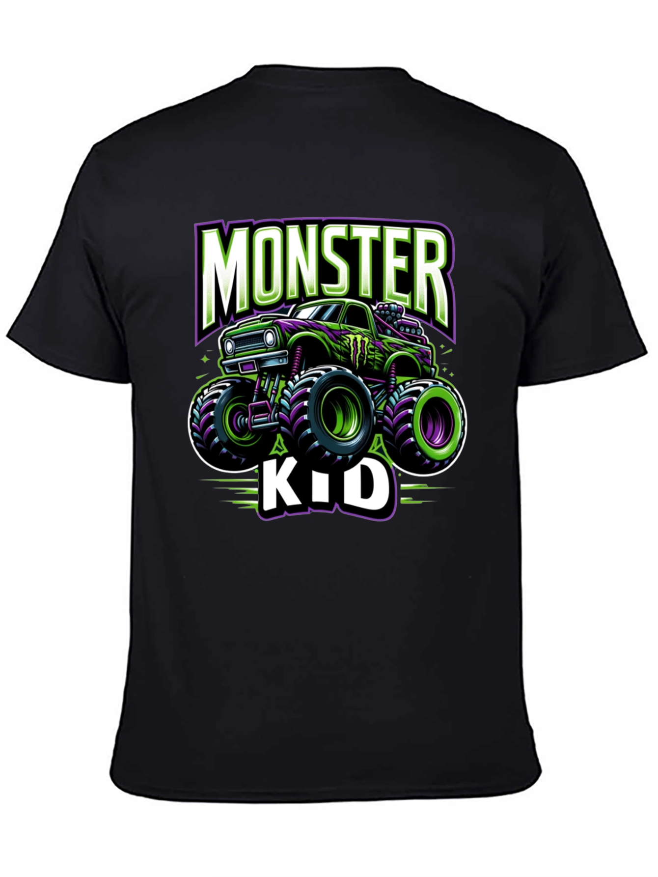 Monster Truck Kids T-Shirt - Green and Purple Design
