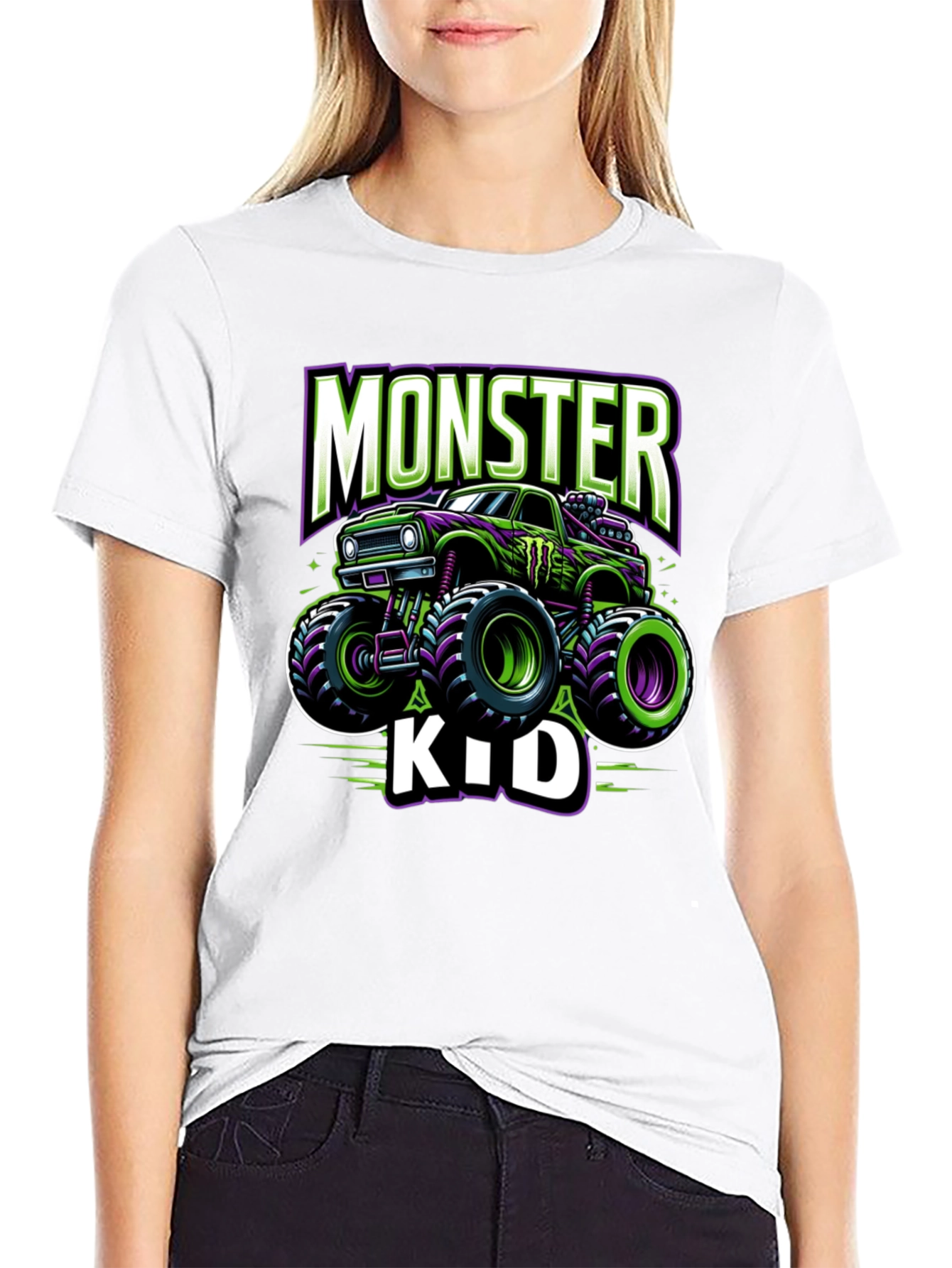 Monster Truck Kids T-Shirt - Green and Purple Design
