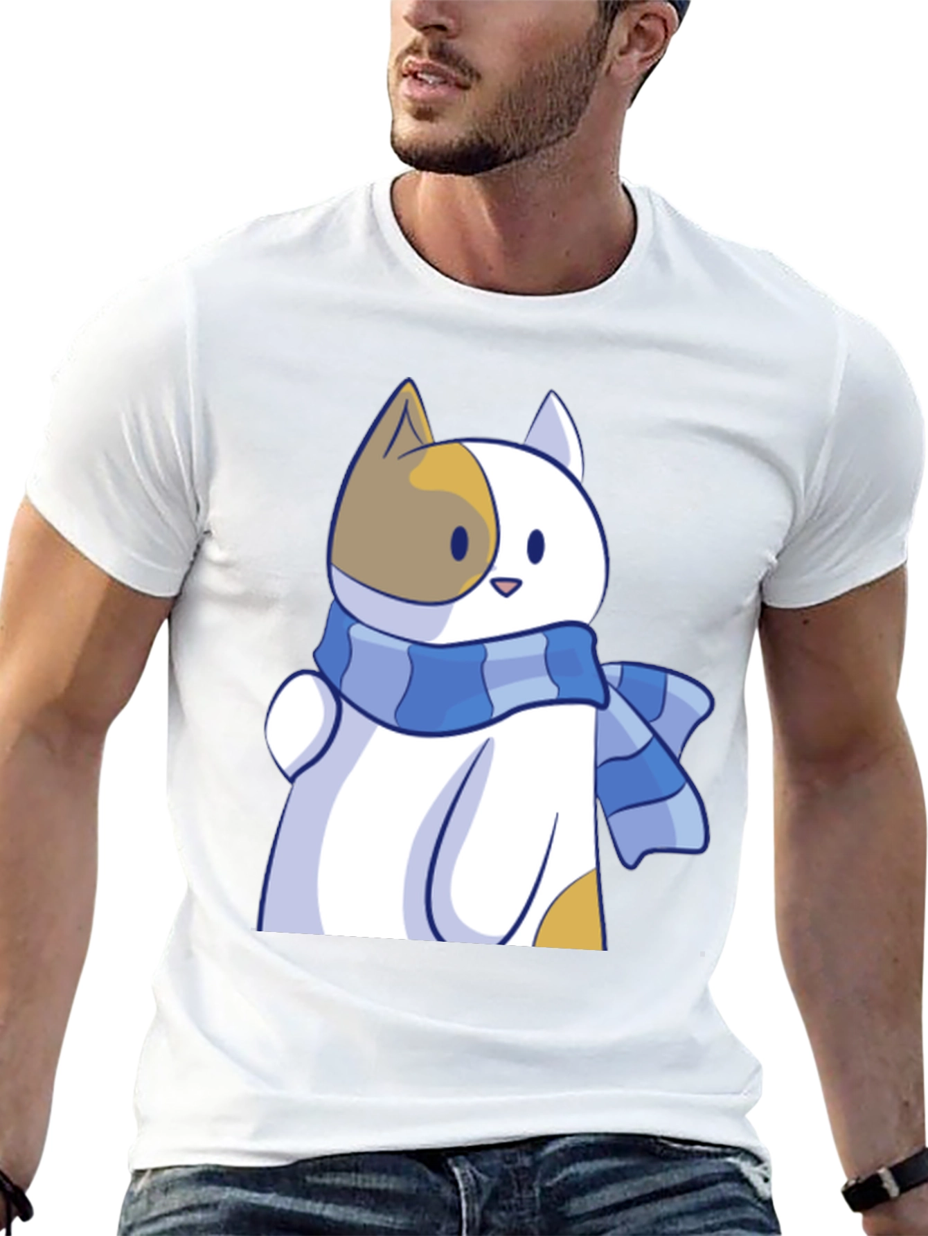 Cute Cat Scarf Graphic Tee - Stylish Comfort
