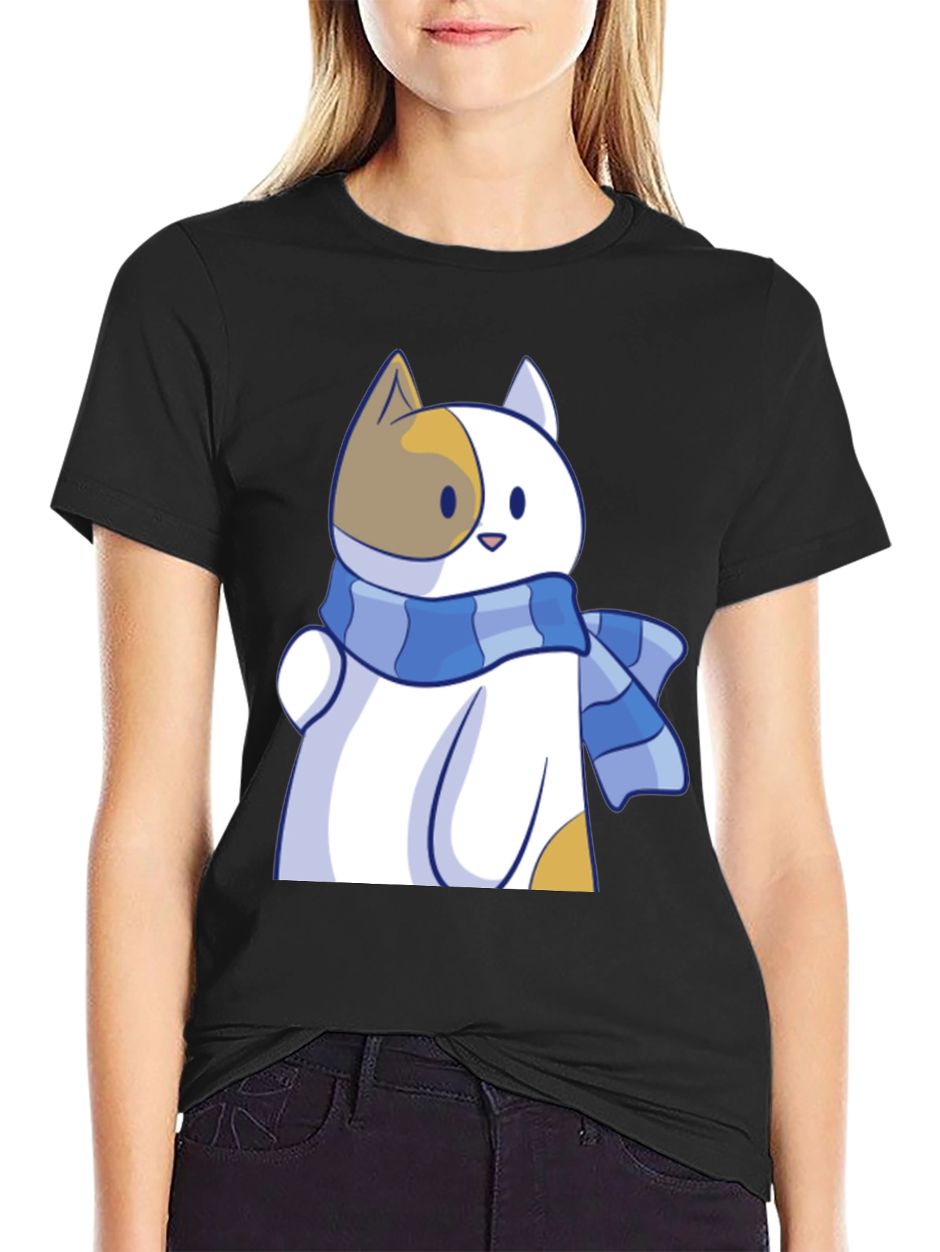 Cute Cat Scarf Graphic Tee - Stylish Comfort