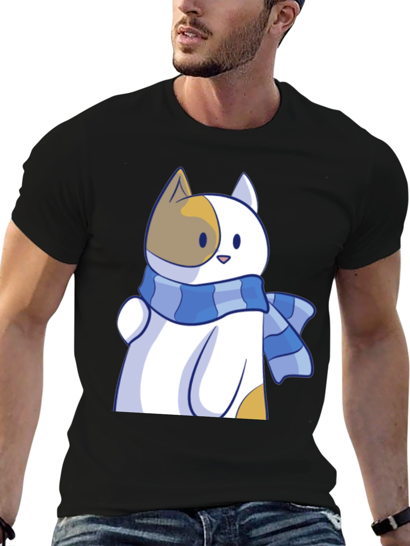 Cute Cat Scarf Graphic Tee - Stylish Comfort
