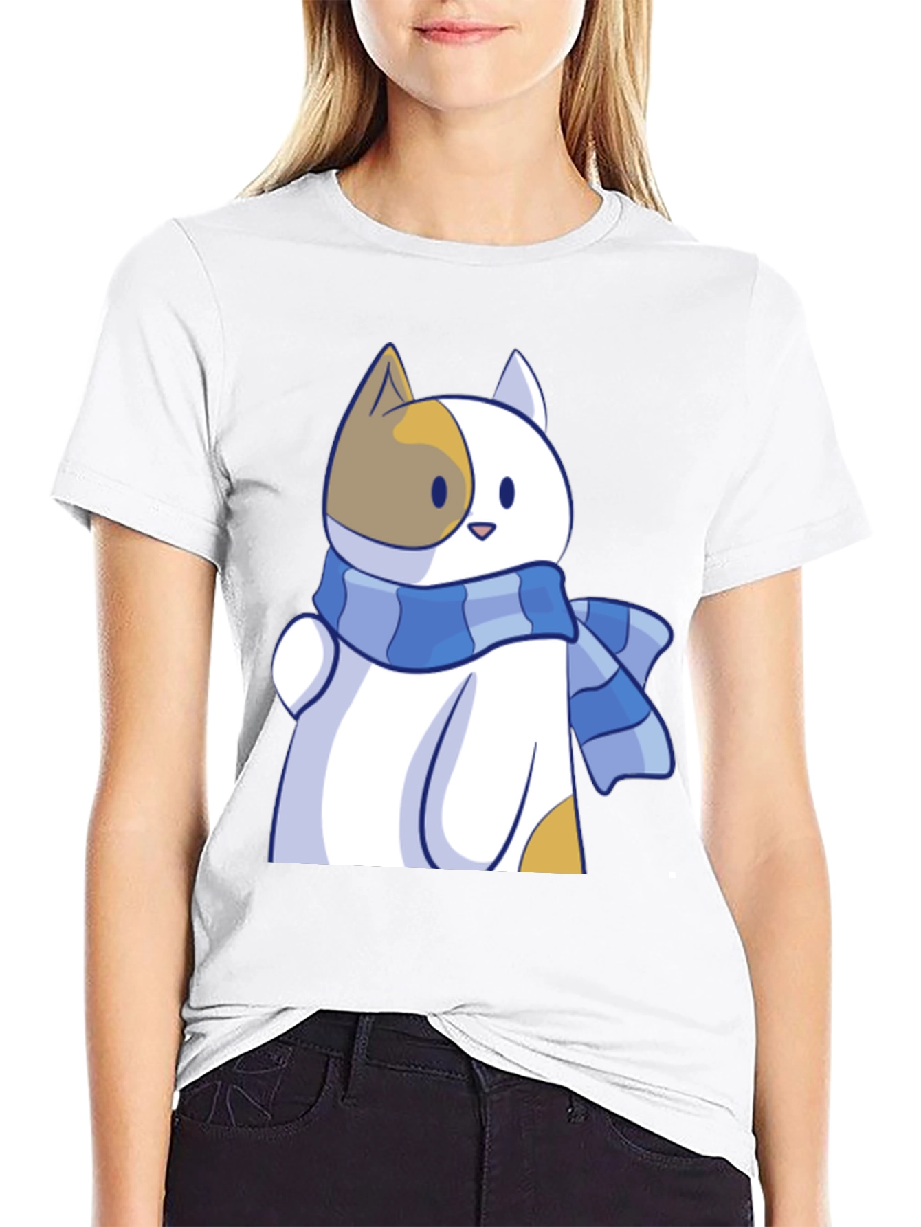 Cute Cat Scarf Graphic Tee - Stylish Comfort