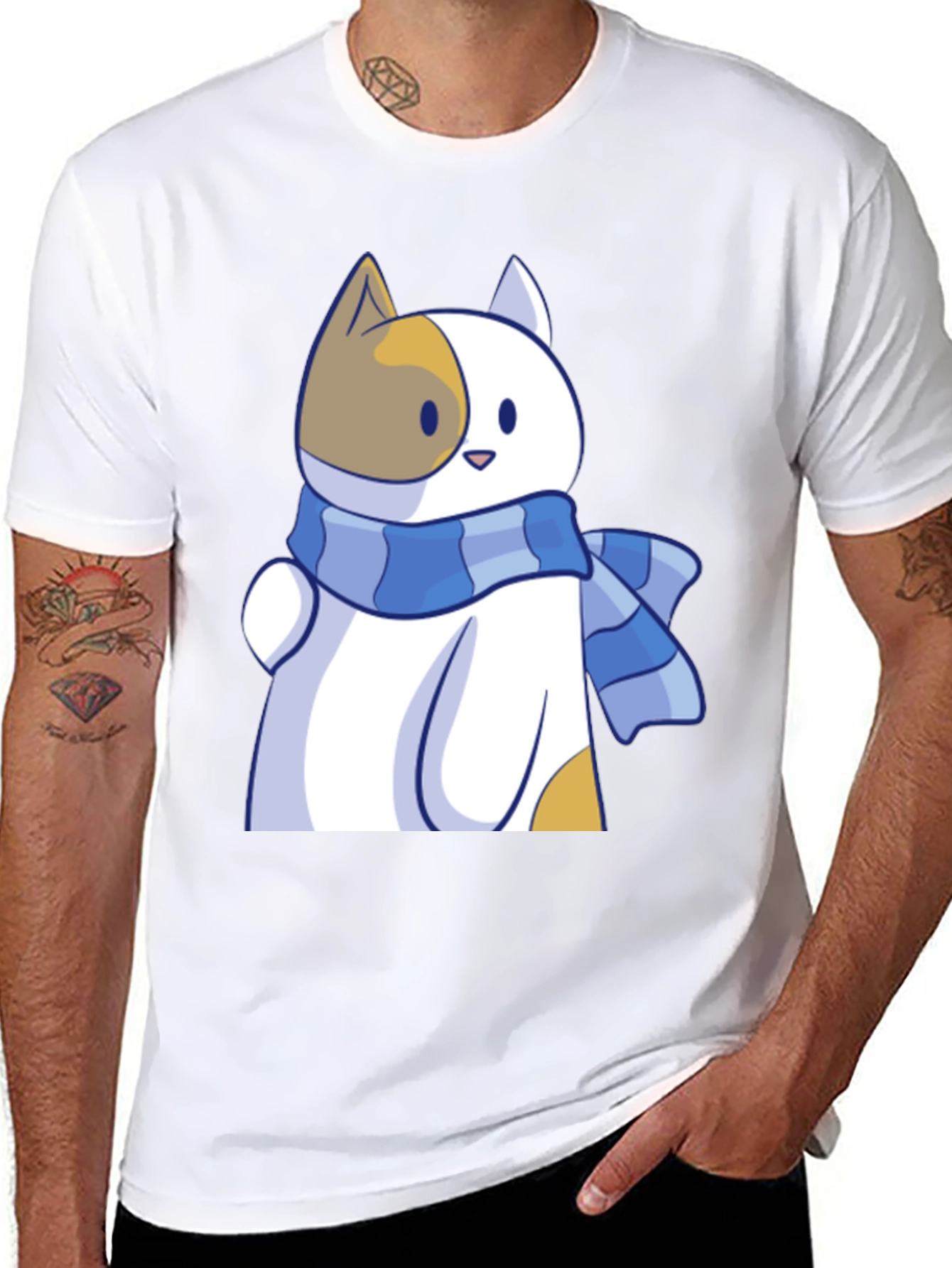 Cute Cat Scarf Graphic Tee - Stylish Comfort