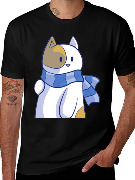 Cute Cat Scarf Graphic Tee - Stylish Comfort