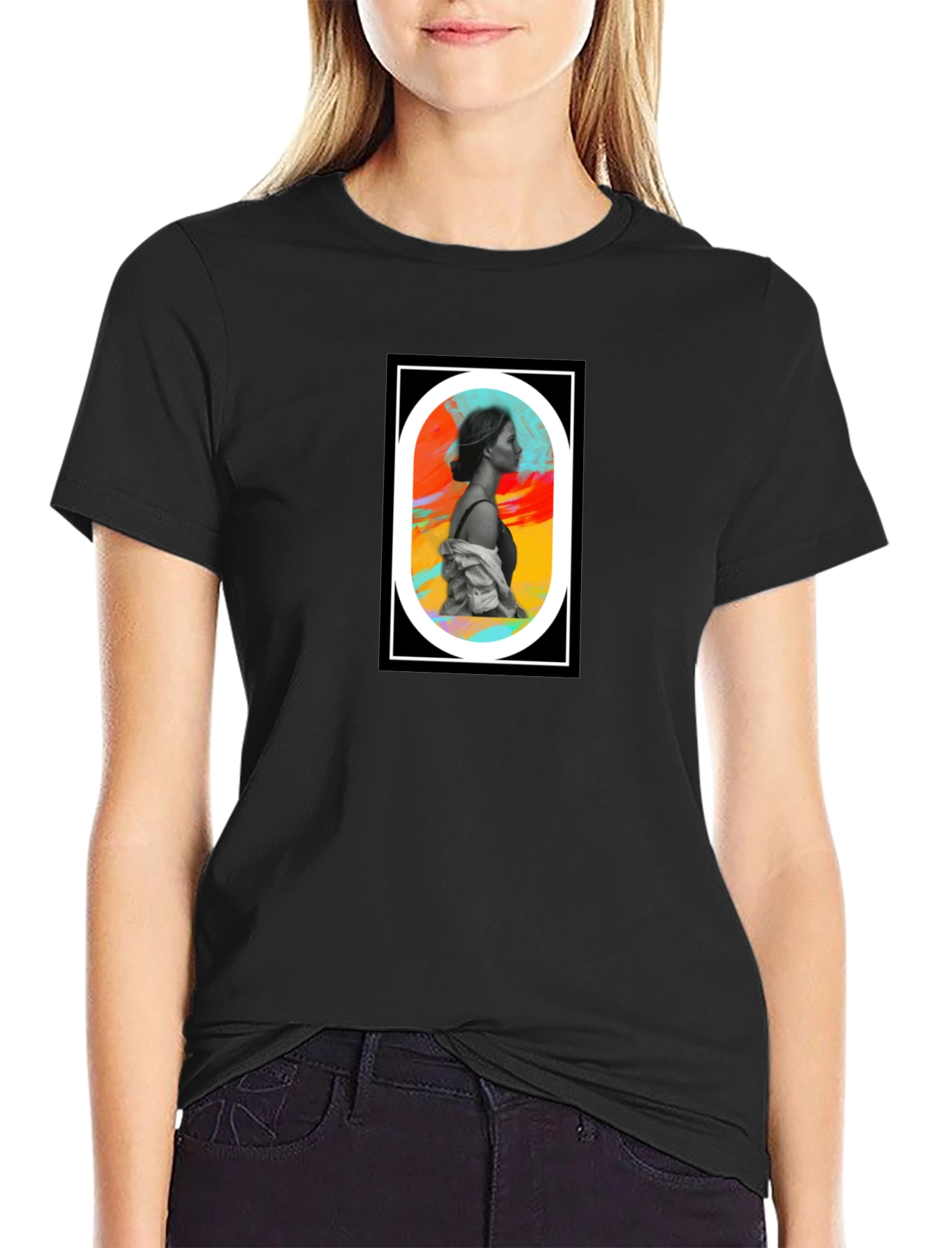 Abstract Woman Portrait Graphic Tee - Black