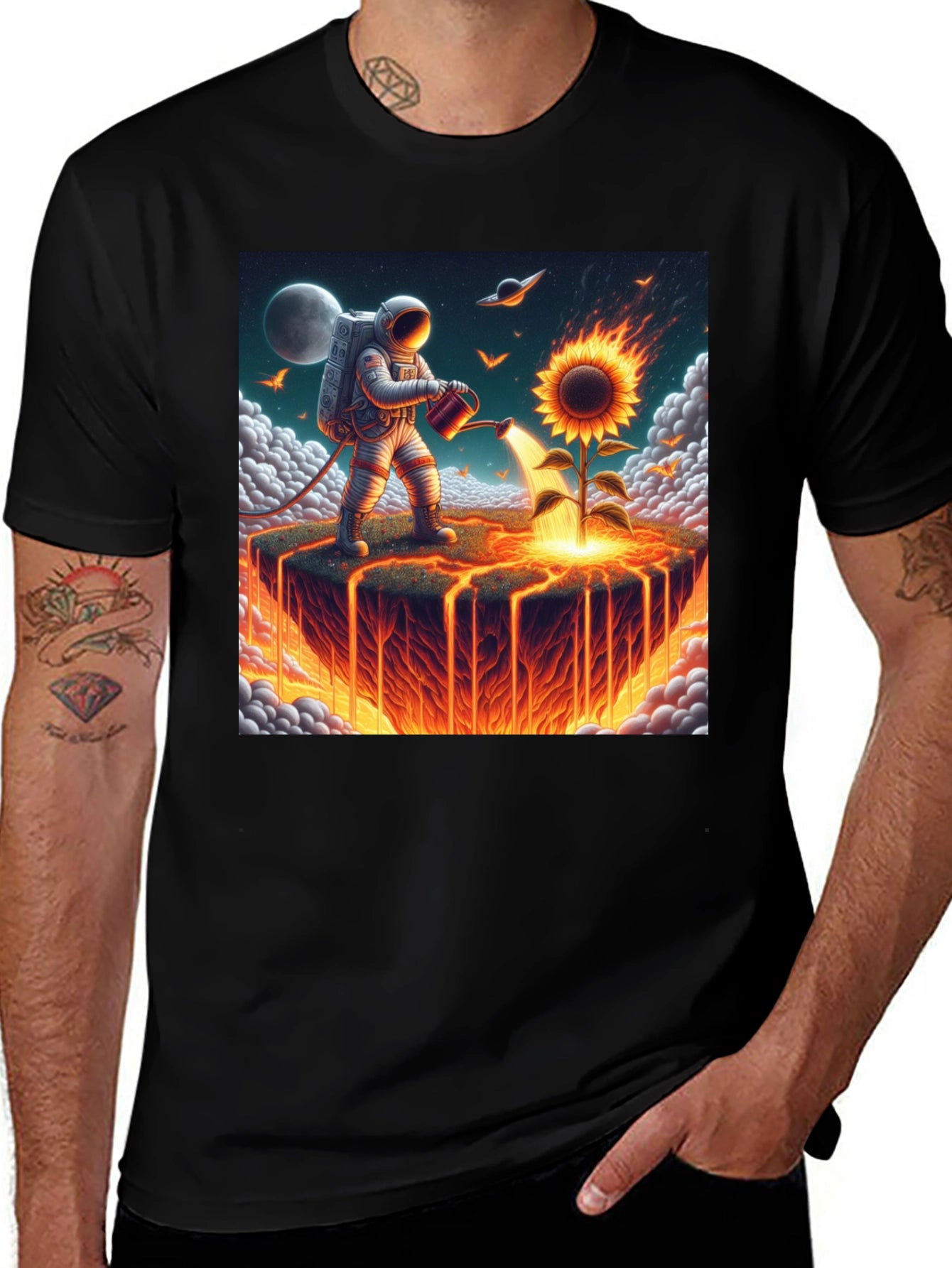 Astronaut Watering Fire Sunflower T-Shirt