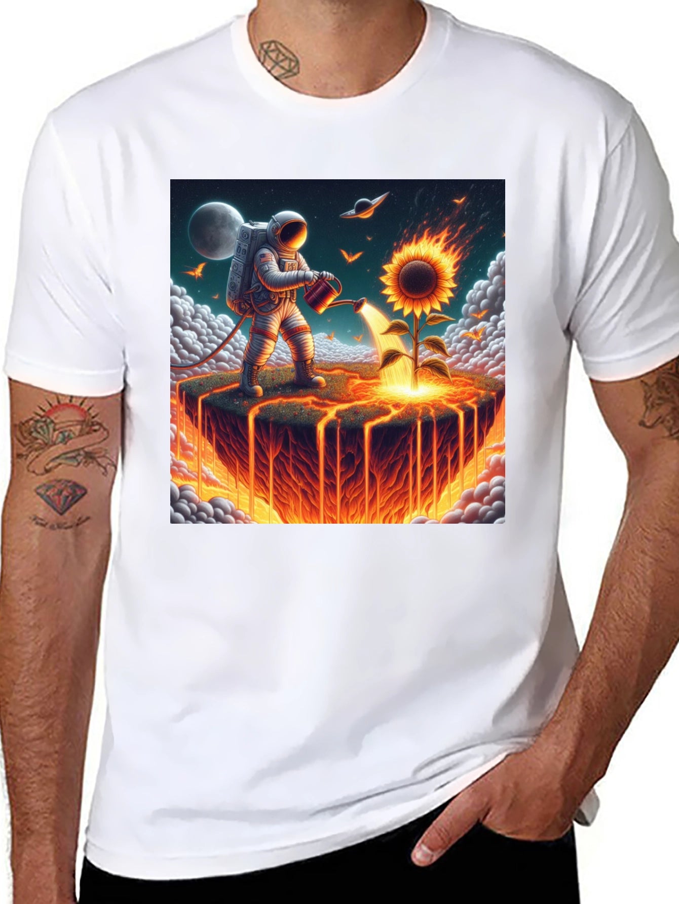 Astronaut Watering Fire Sunflower T-Shirt