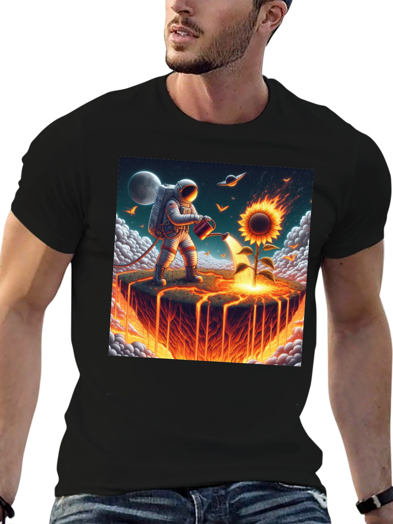 Astronaut Watering Fire Sunflower T-Shirt