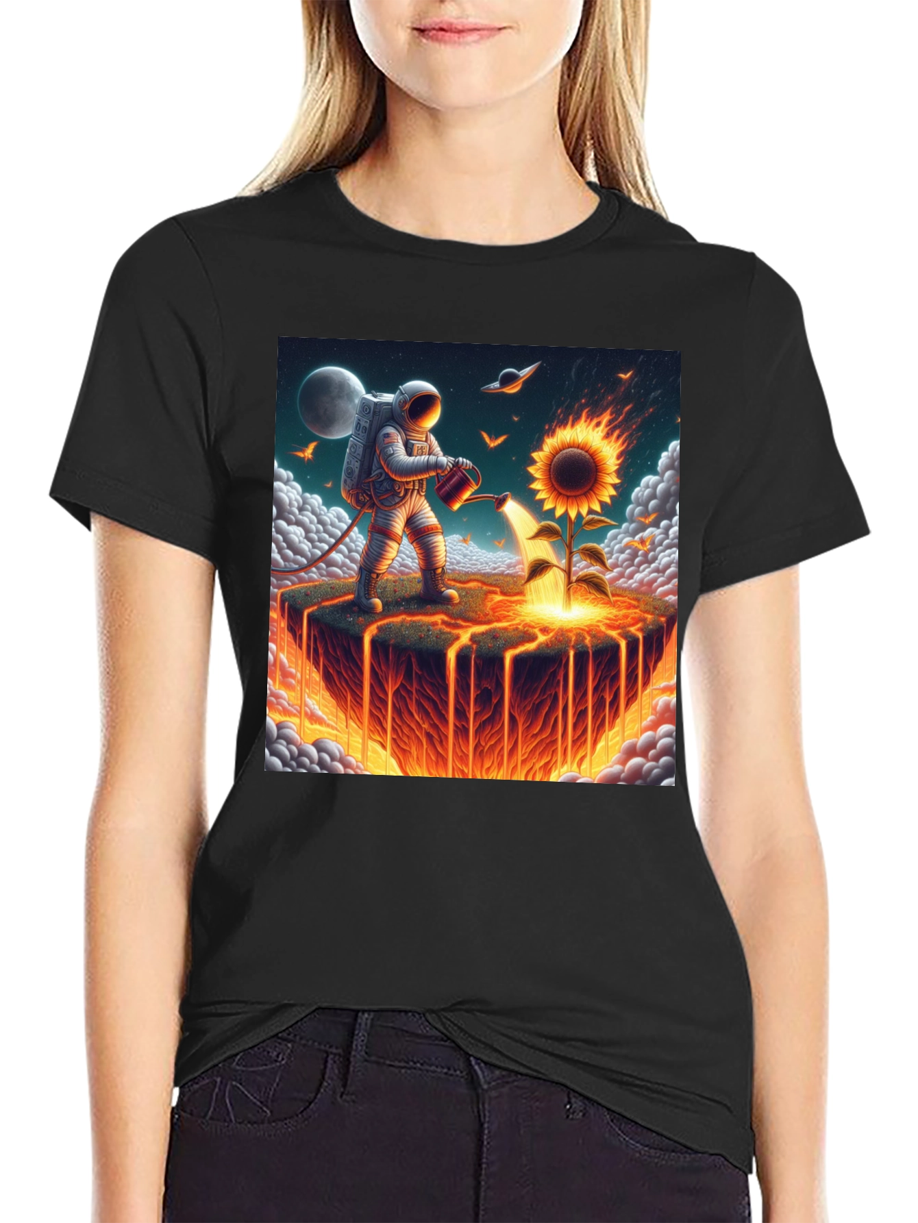 Astronaut Watering Fire Sunflower T-Shirt