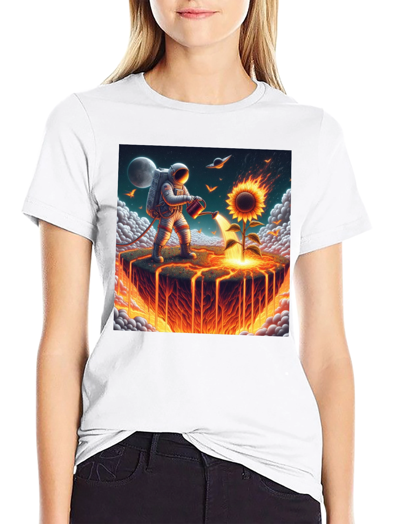 Astronaut Watering Fire Sunflower T-Shirt