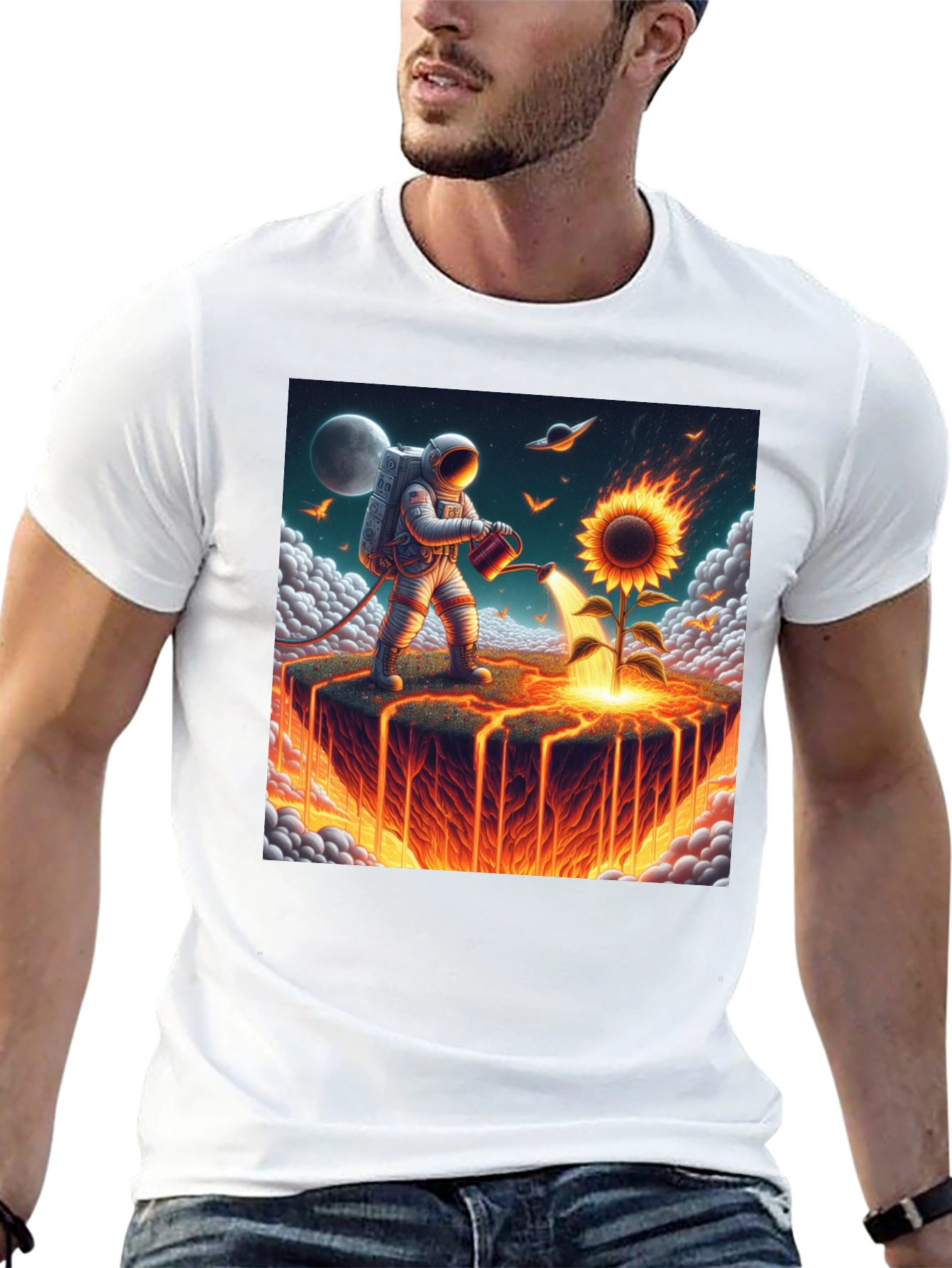Astronaut Watering Fire Sunflower T-Shirt