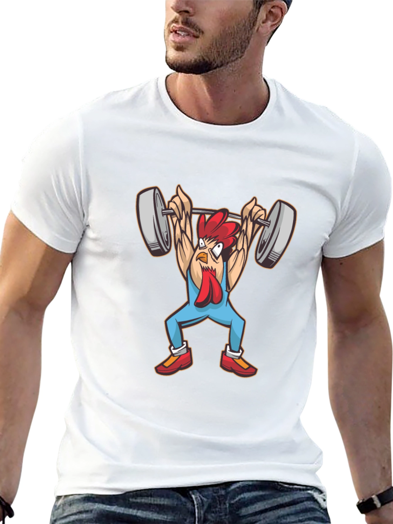 Funny Chicken Lifting Weights Graphic Tee