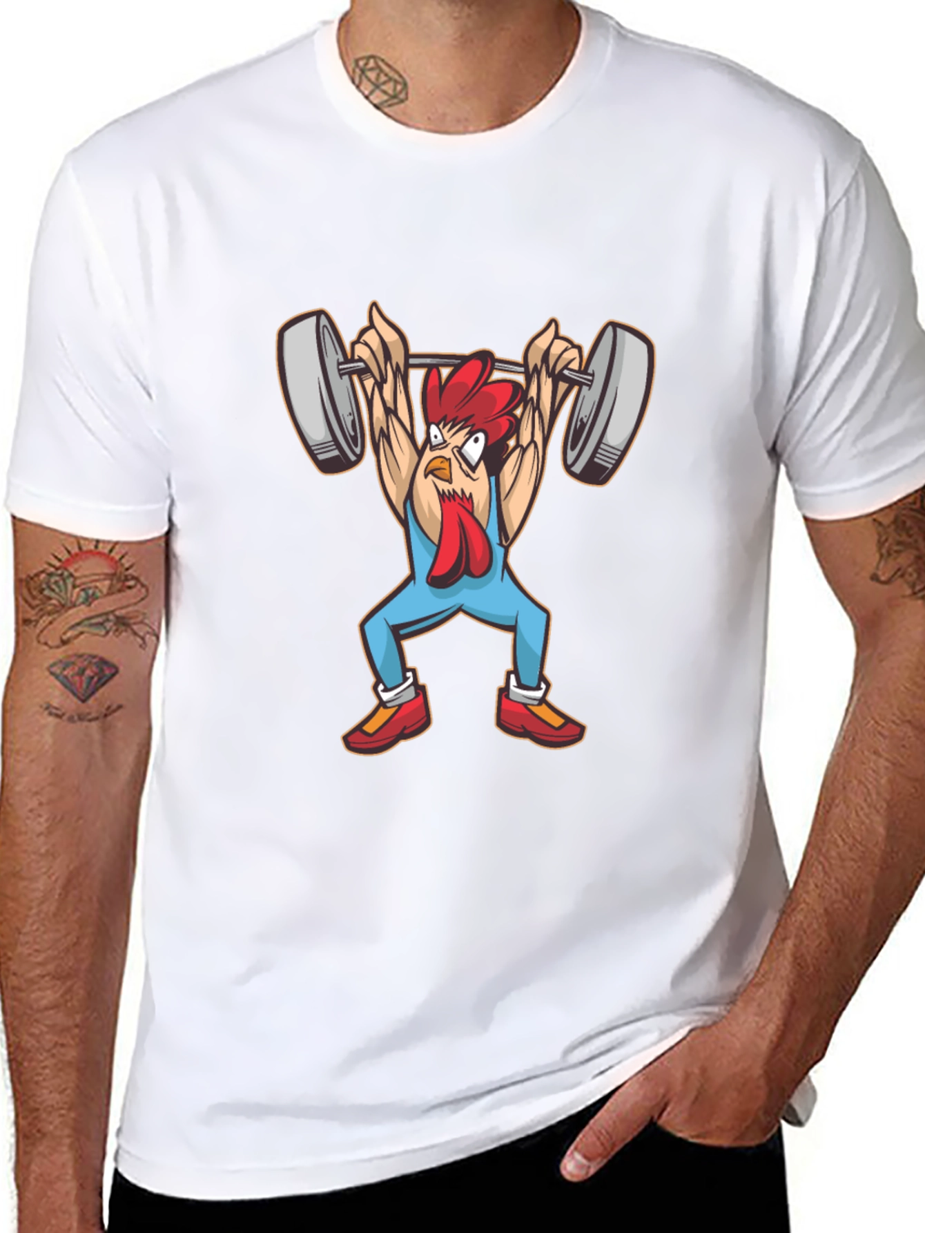Funny Chicken Lifting Weights Graphic Tee
