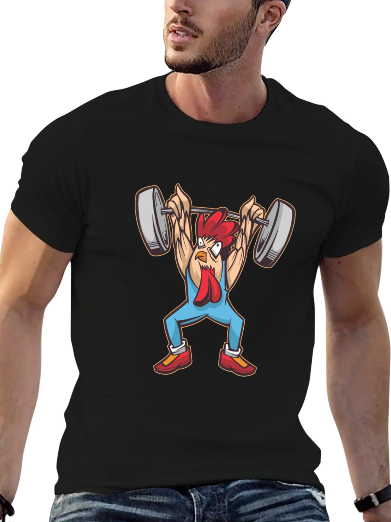 Funny Chicken Lifting Weights Graphic Tee