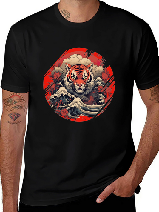 Tiger Wave Graphic Tee - Stylish Mens Black T-Shirt