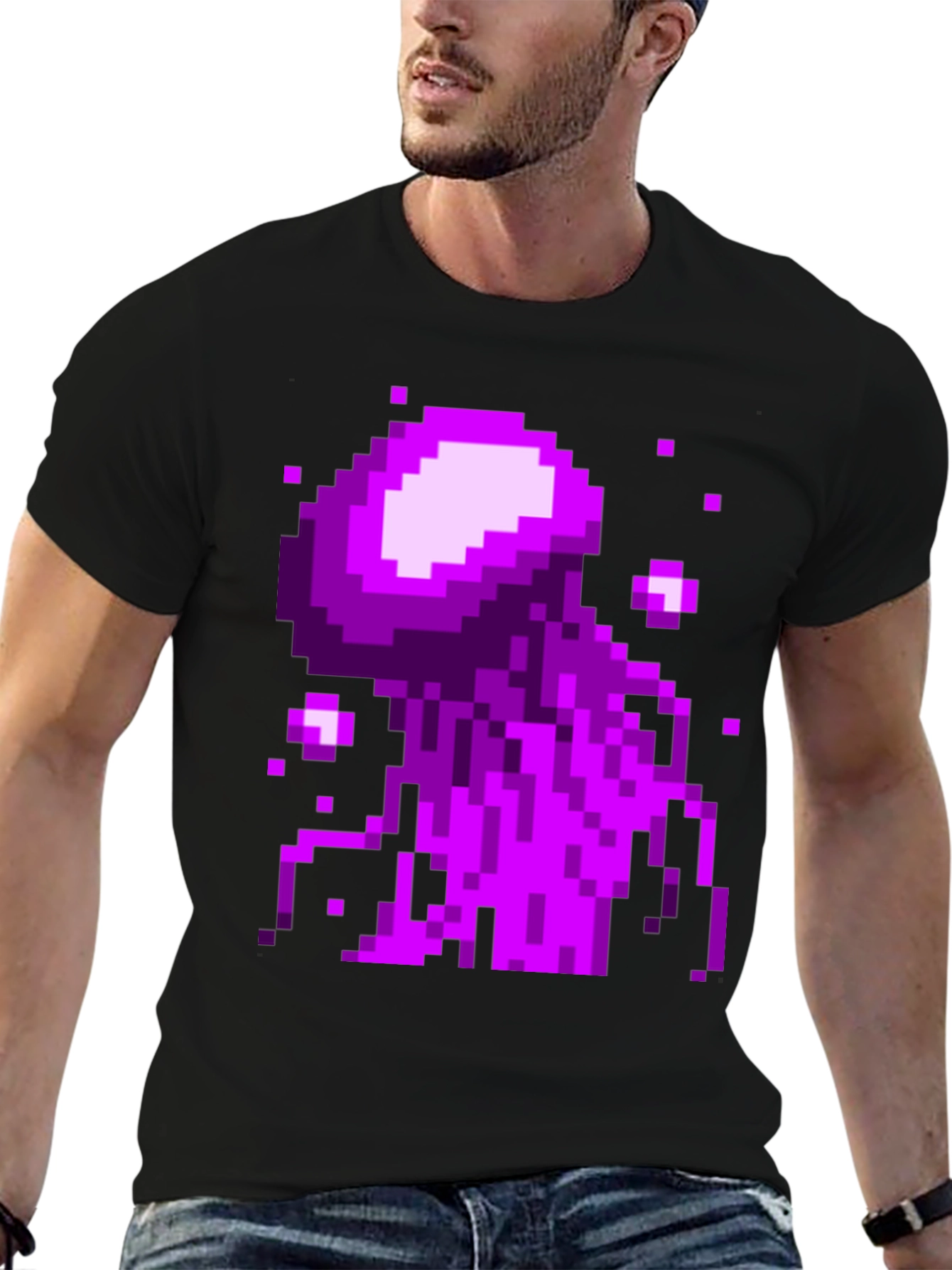 Pixel Art Jellyfish Graphic Tee - Black Cotton