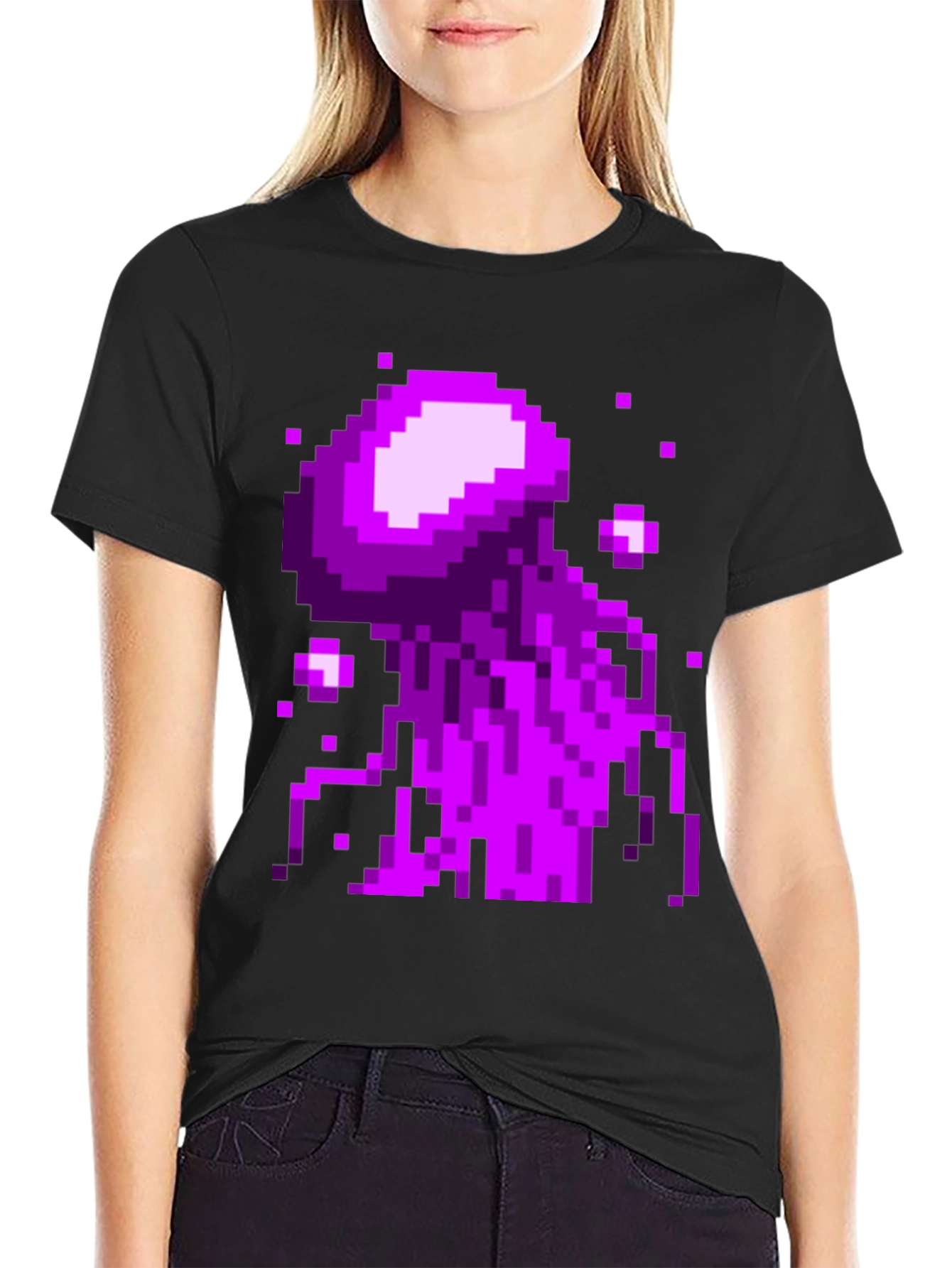 Pixel Art Jellyfish Graphic Tee - Black Cotton