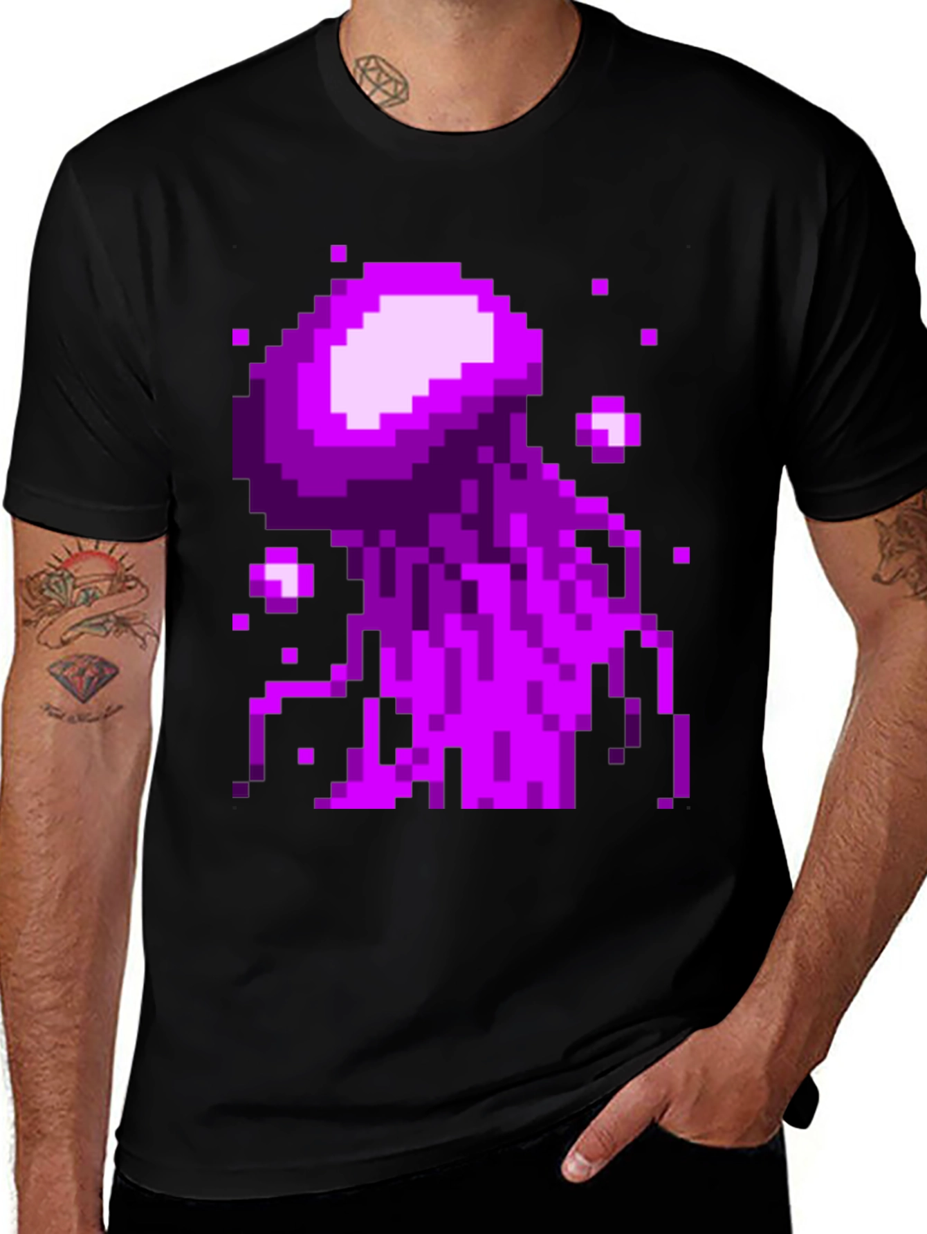 Pixel Art Jellyfish Graphic Tee - Black Cotton