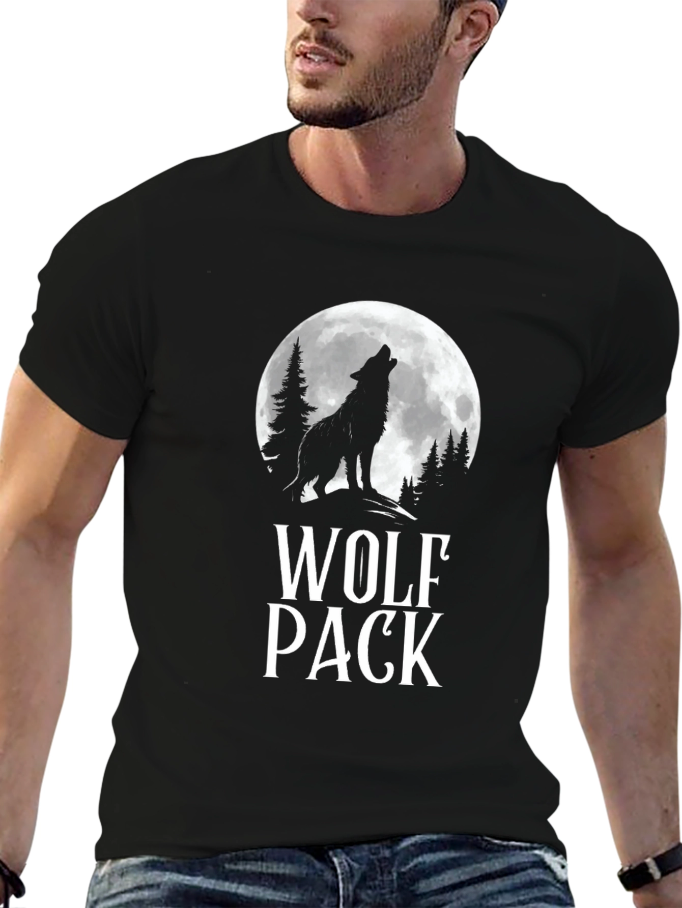 Wolf Pack Moon Graphic Tee - Black Cotton T-Shirt