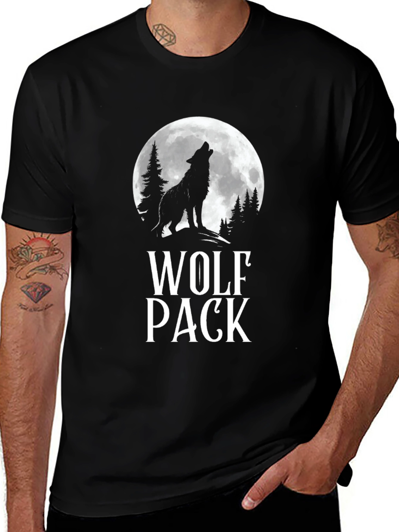 Wolf Pack Moon Graphic Tee - Black Cotton T-Shirt