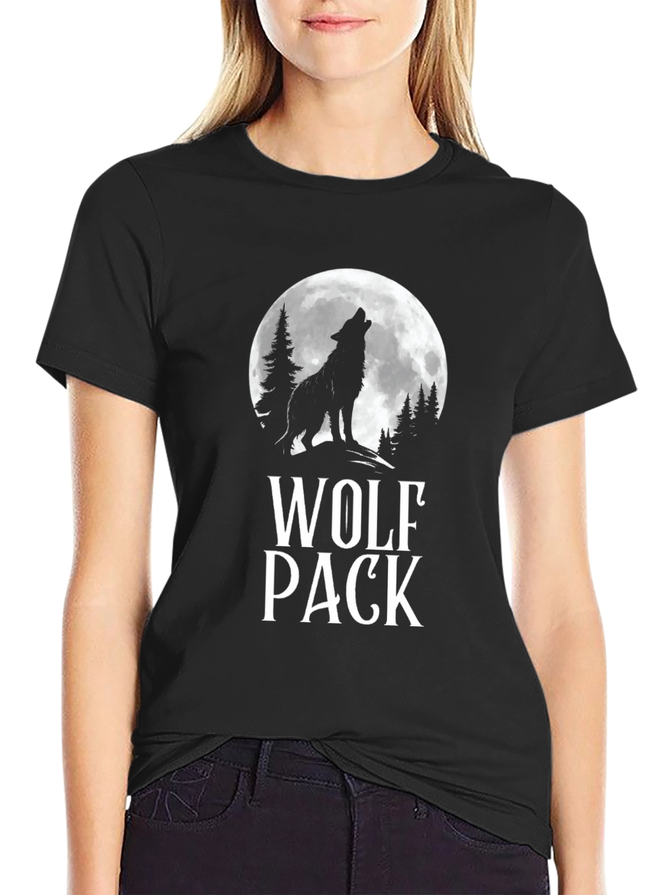 Wolf Pack Moon Graphic Tee - Black Cotton T-Shirt