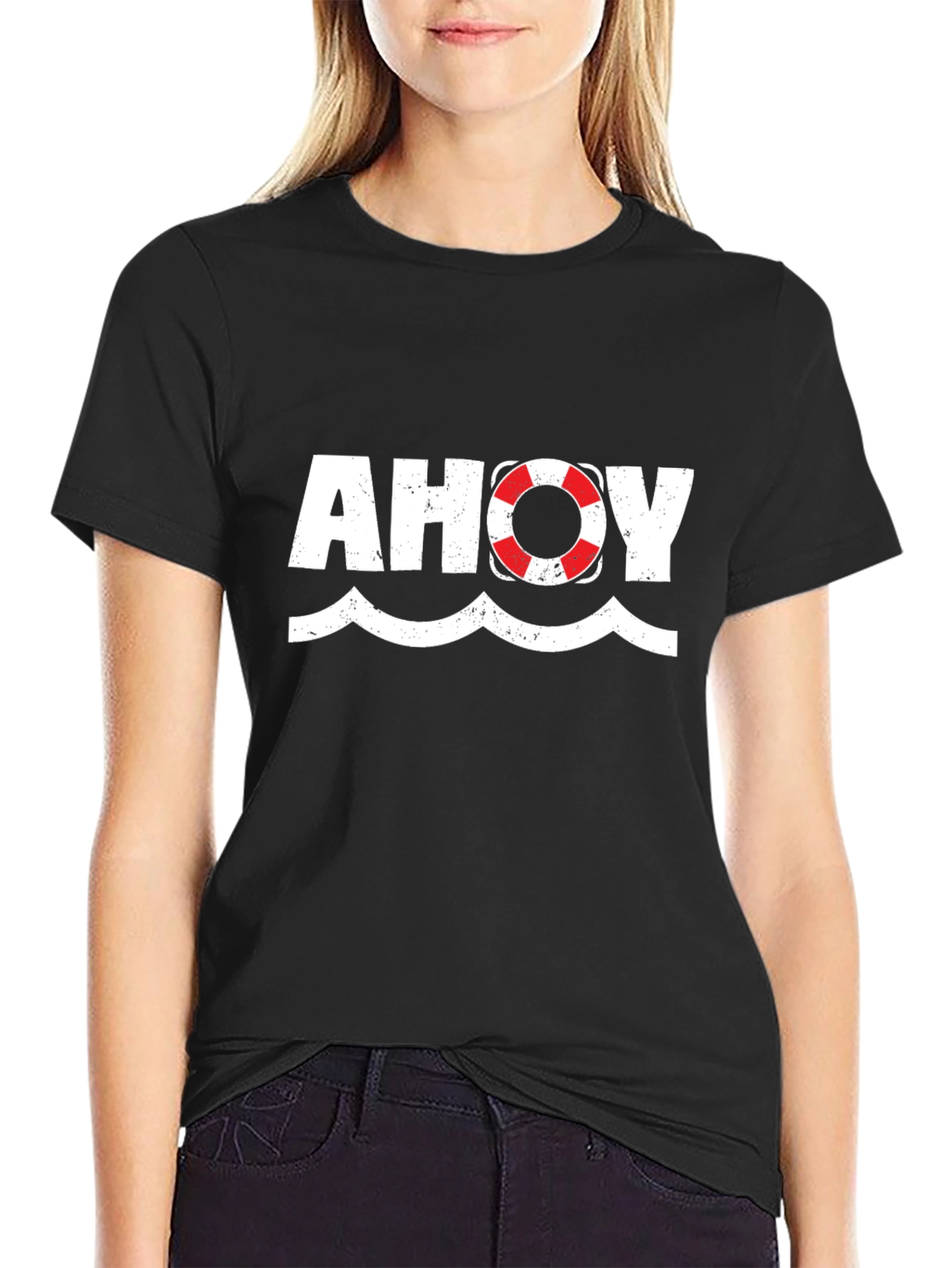 Ahoy Nautical Theme Graphic Tee - Black Cotton T-Shirt