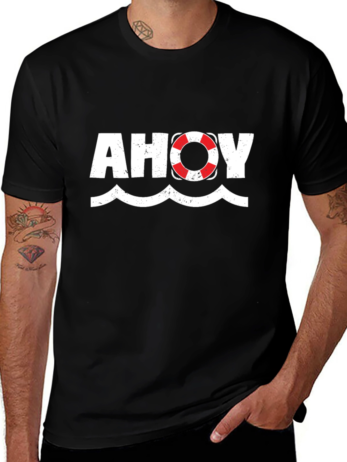 Ahoy Nautical Theme Graphic Tee - Black Cotton T-Shirt