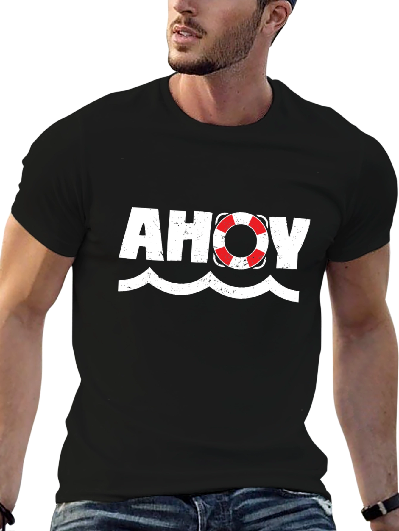 Ahoy Nautical Theme Graphic Tee - Black Cotton T-Shirt