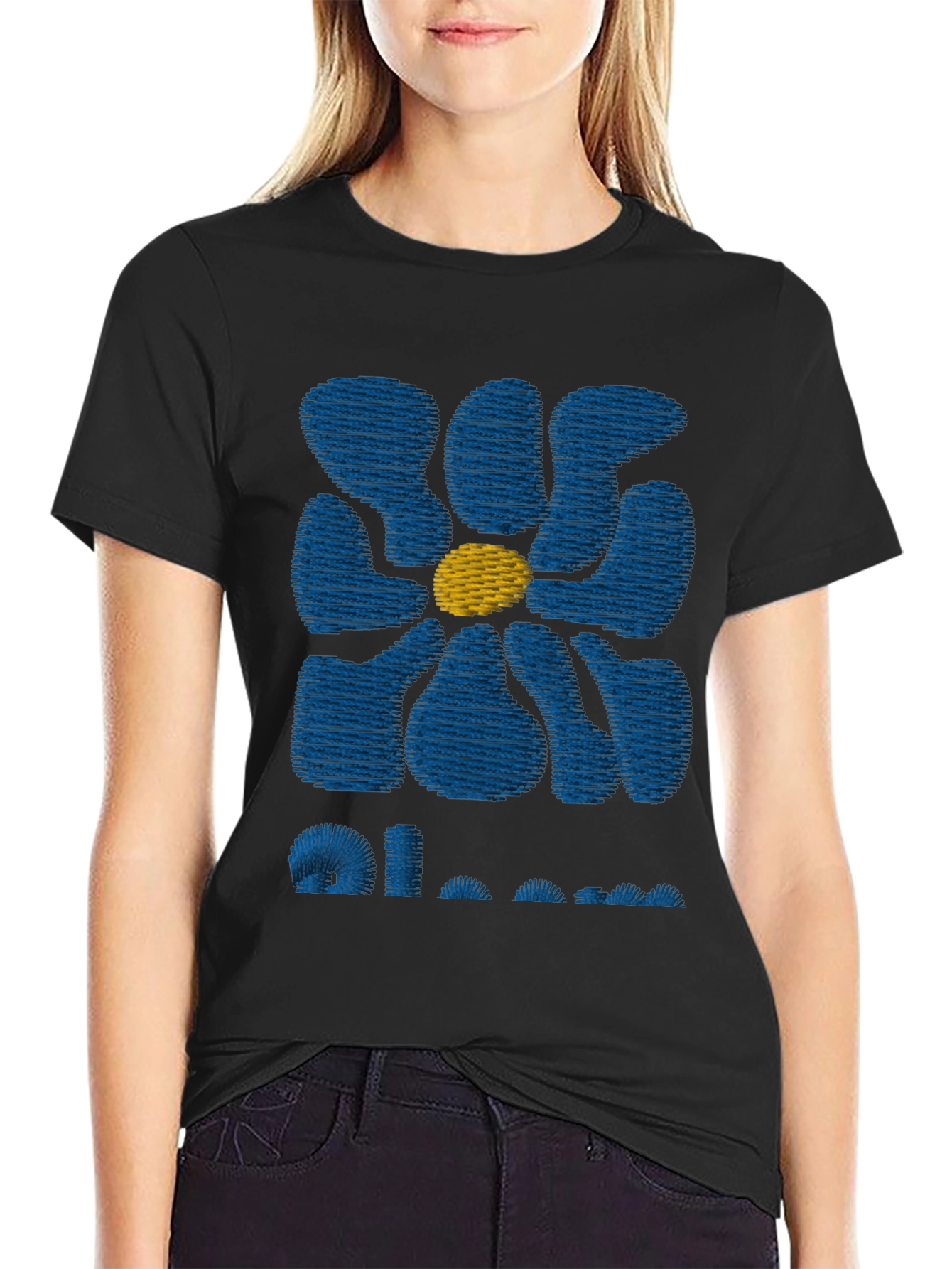 Retro Bloom Graphic Tee - Black Cotton T-Shirt
