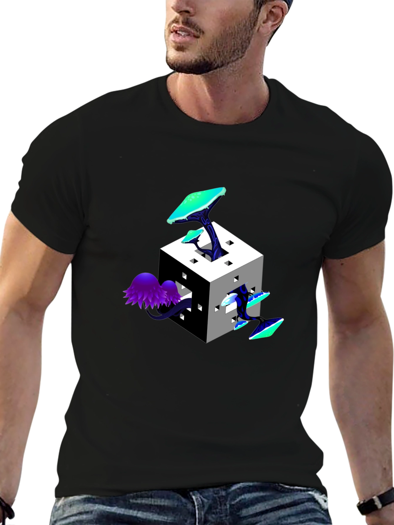 Mystic Cube Mushroom Graphic Tee - Trendy Black T-Shirt