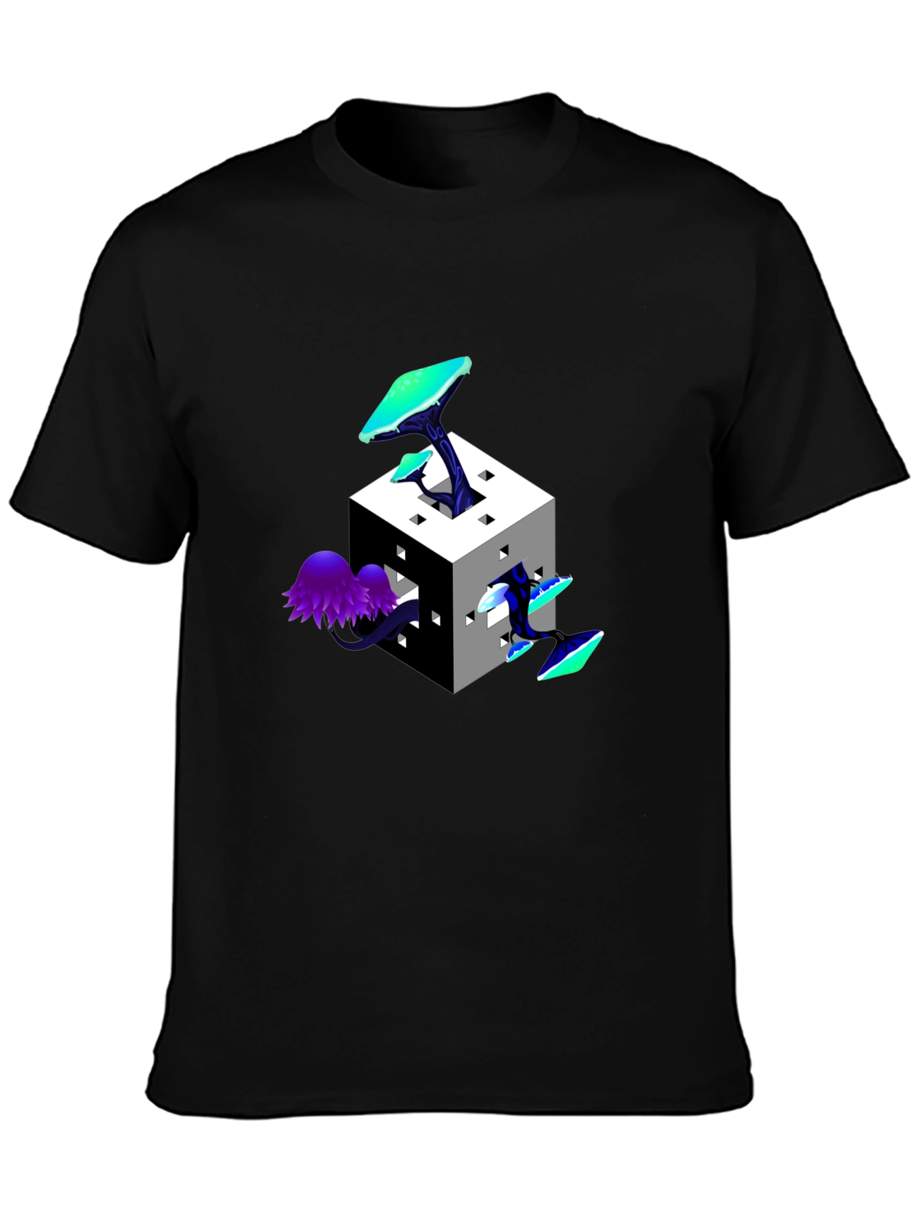 Mystic Cube Mushroom Graphic Tee - Trendy Black T-Shirt