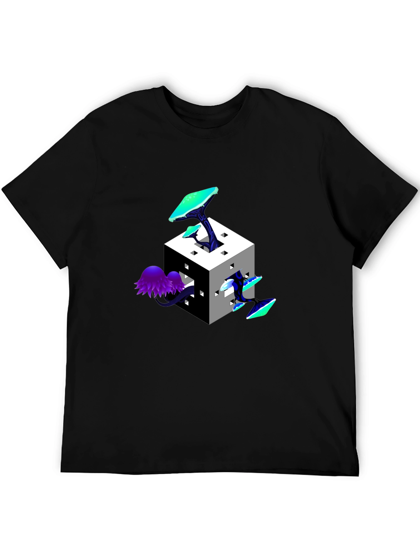 Mystic Cube Mushroom Graphic Tee - Trendy Black T-Shirt