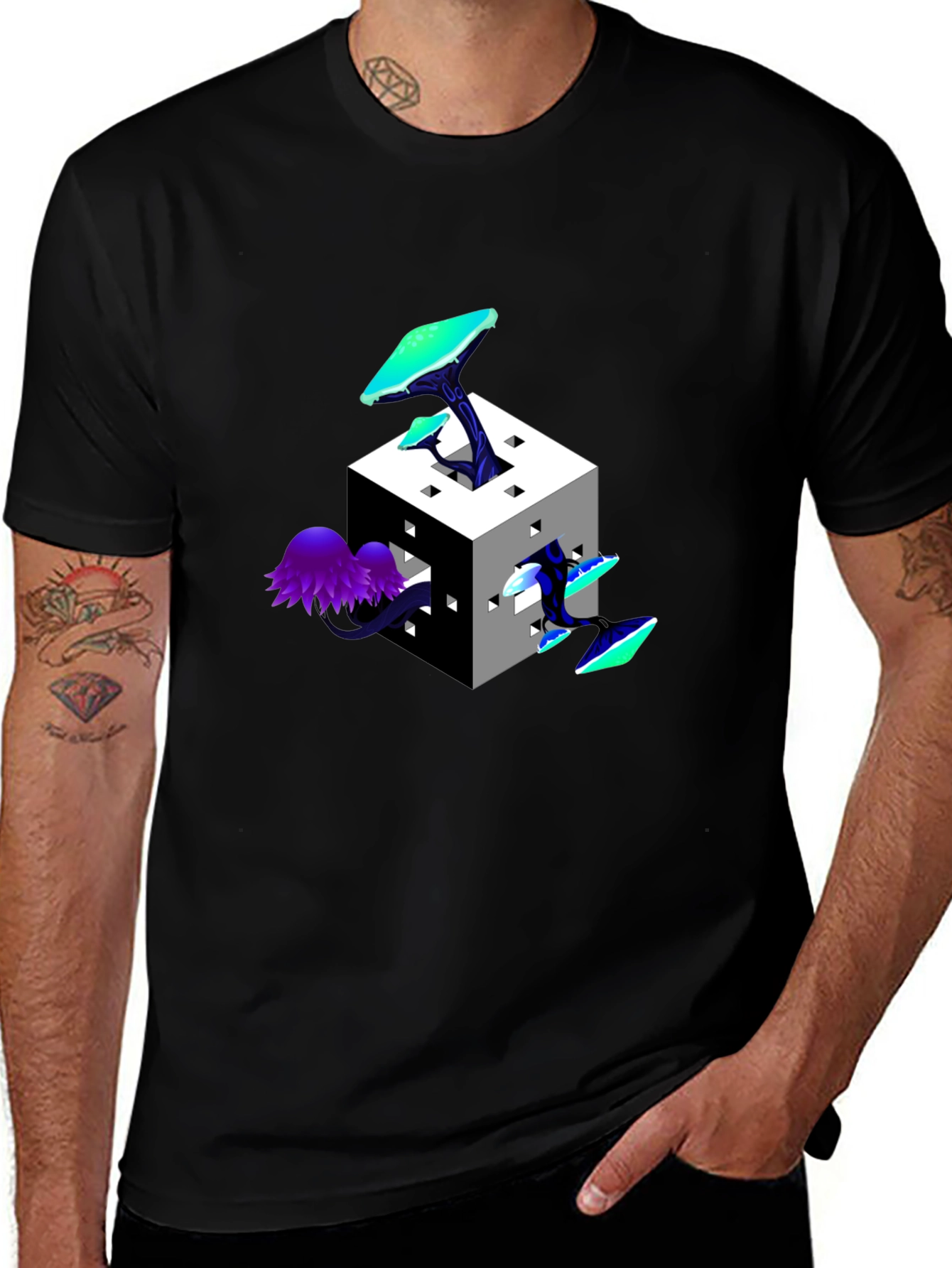 Mystic Cube Mushroom Graphic Tee - Trendy Black T-Shirt