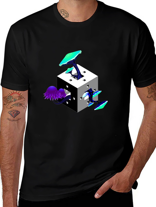 Mystic Cube Mushroom Graphic Tee - Trendy Black T-Shirt