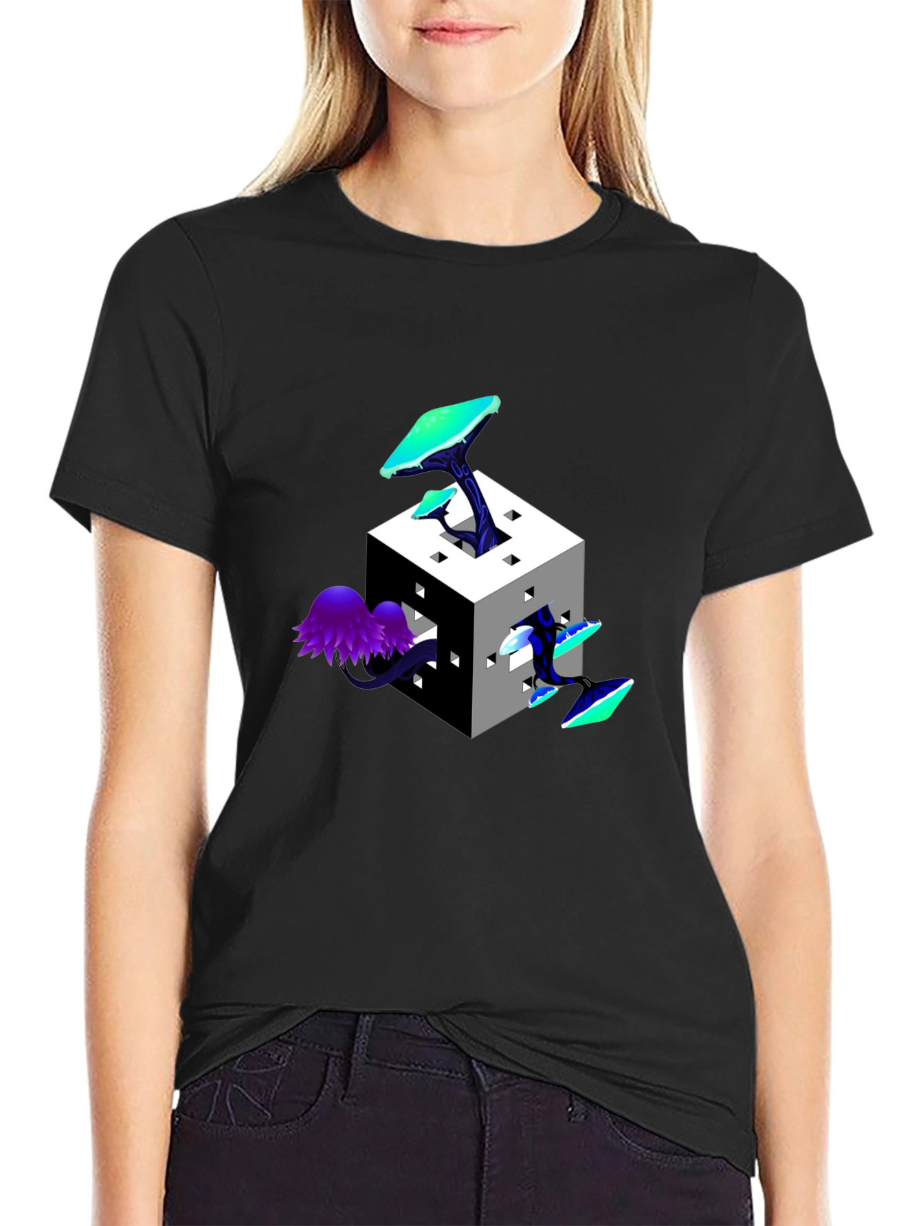 Mystic Cube Mushroom Graphic Tee - Trendy Black T-Shirt