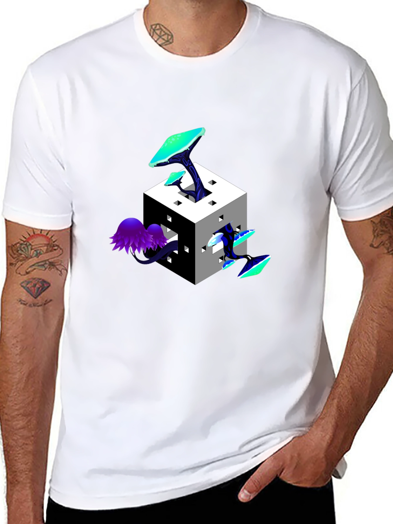 Mystic Cube Mushroom Graphic Tee - Trendy Black T-Shirt