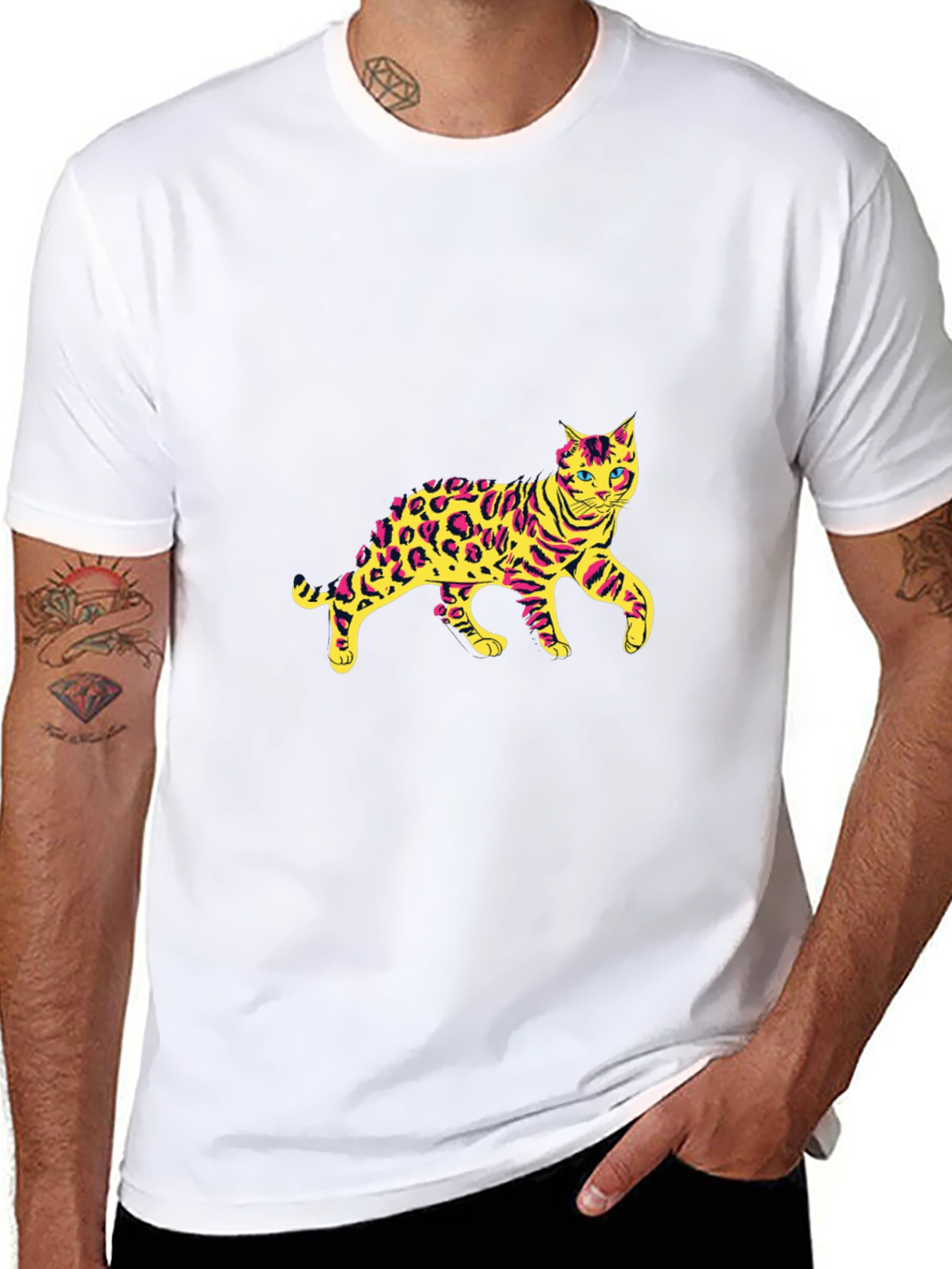 Mens Black T-Shirt with Leopard Cat Graphic