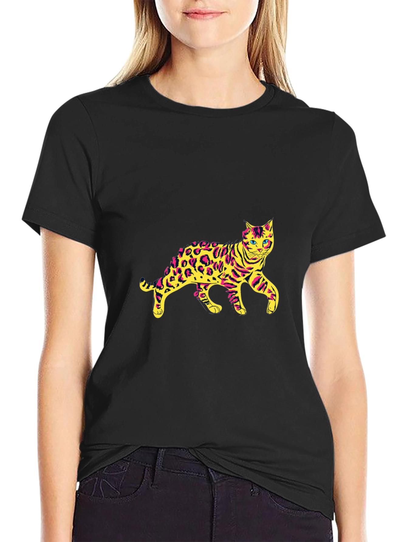 Mens Black T-Shirt with Leopard Cat Graphic