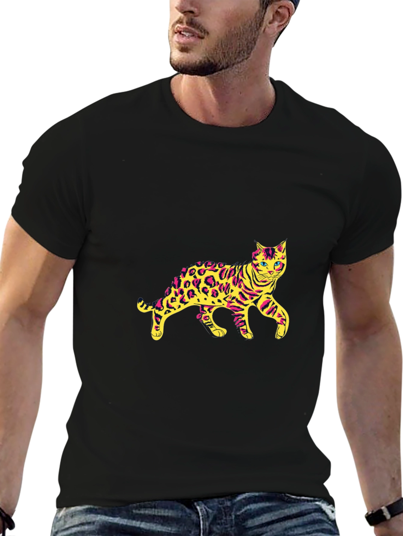 Mens Black T-Shirt with Leopard Cat Graphic