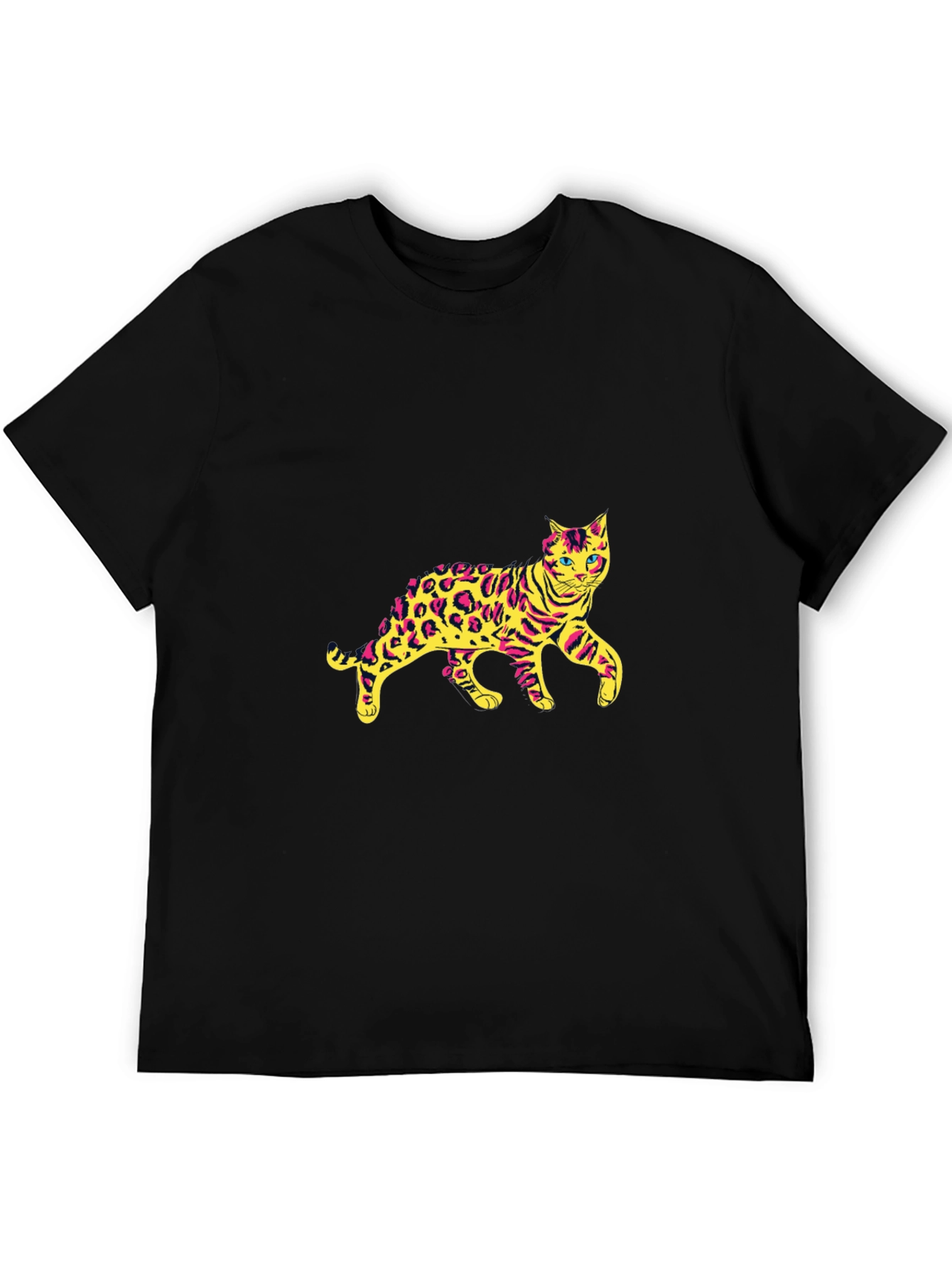 Mens Black T-Shirt with Leopard Cat Graphic